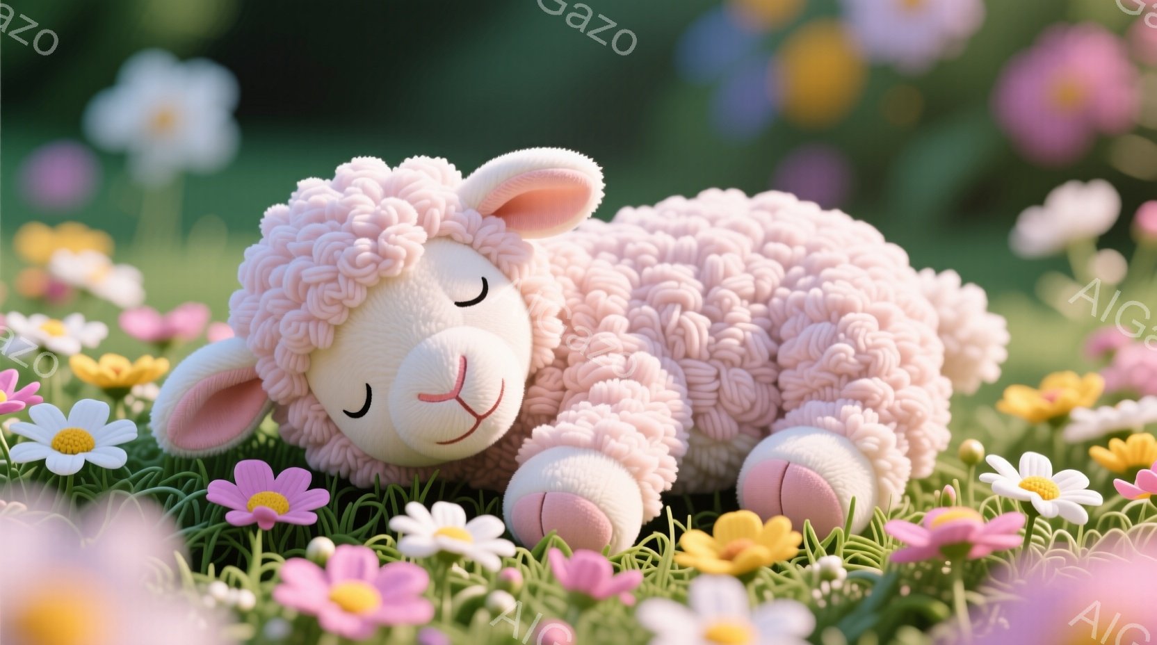 ふわふわのピンク色のヒツジが、白や黄色の花が咲き乱れる緑の草原の中で丸まって眠っています。ヒツジは目を閉じ、穏やかな表情で、まるで心地よい夢を見ているかのようです。背景はぼやけており、暖かく、平和な雰 - AI生成フリー素材