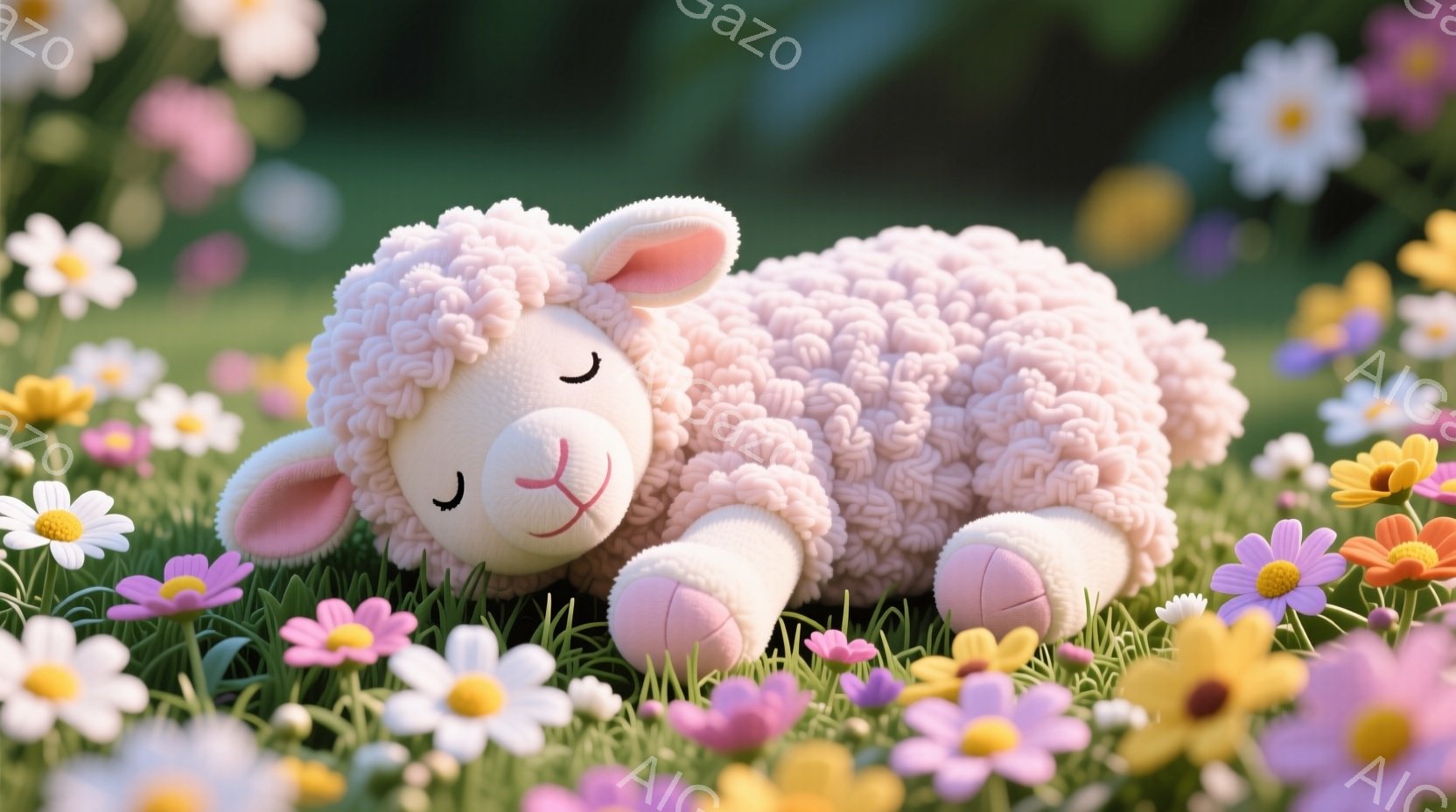 ふわふわの白い羊が、ピンク色の小さな足で花畑の中で横たわっています。羊は目を閉じ、穏やかな表情を浮かべており、まるで眠っているかのようです。背景には、さまざまな色の花が咲き乱れ、春の穏やかな日差しが差し込んでいます。