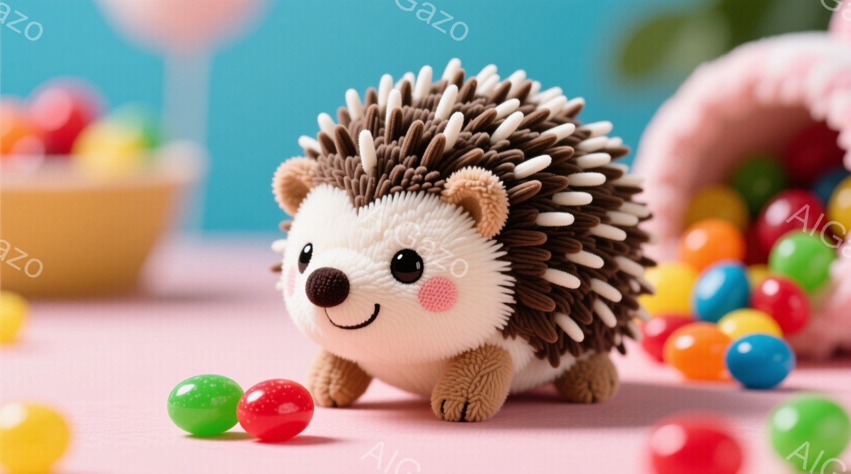 ふわふわとした茶色いハリネズミのぬいぐるみのおもちゃが、ピンク色の背景に置かれています。丸い頬は赤く、可愛らしい笑顔を浮かべており、小さな足が少しだけ見えています。背景には、カラフルなキャンディーや、小さな容器が見え、お祭りやパーティーのような楽しい雰囲気が漂っています。