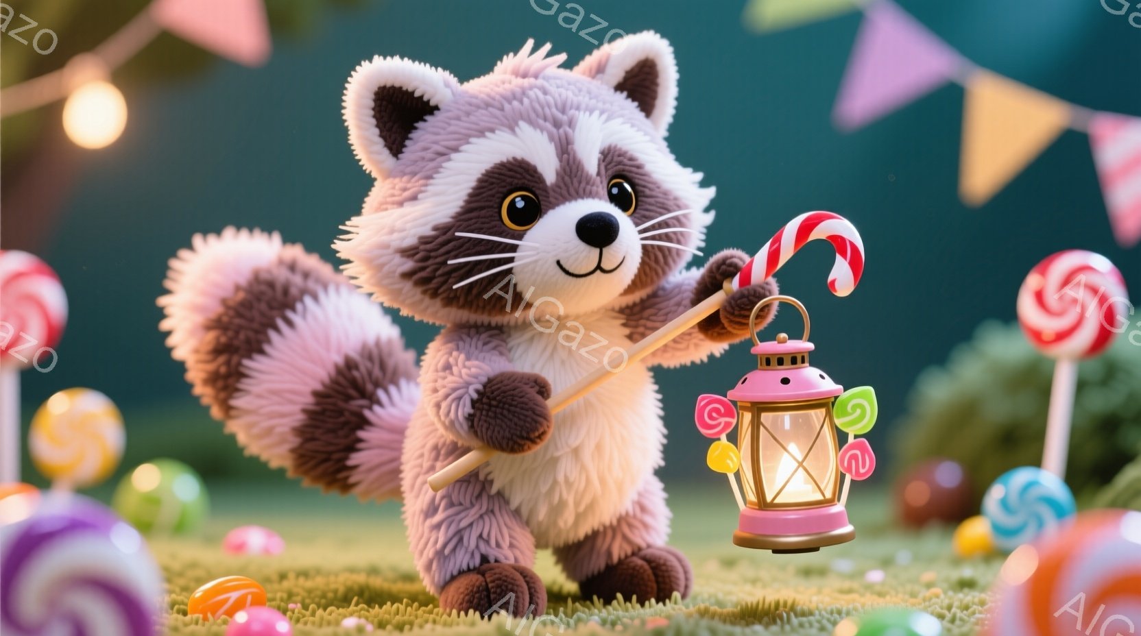 ふわふわの毛並みを持つアライグマが、ピンク色の小さな提灯を持って草原を歩いています。提灯の柄にはキャンディが飾られており、周りには色とりどりのキャンディが散らばっています。背景には緑の草と木々があり、カラフルな旗が飾られ、全体的に夢のような、甘くて幸せな雰囲気が漂っています。