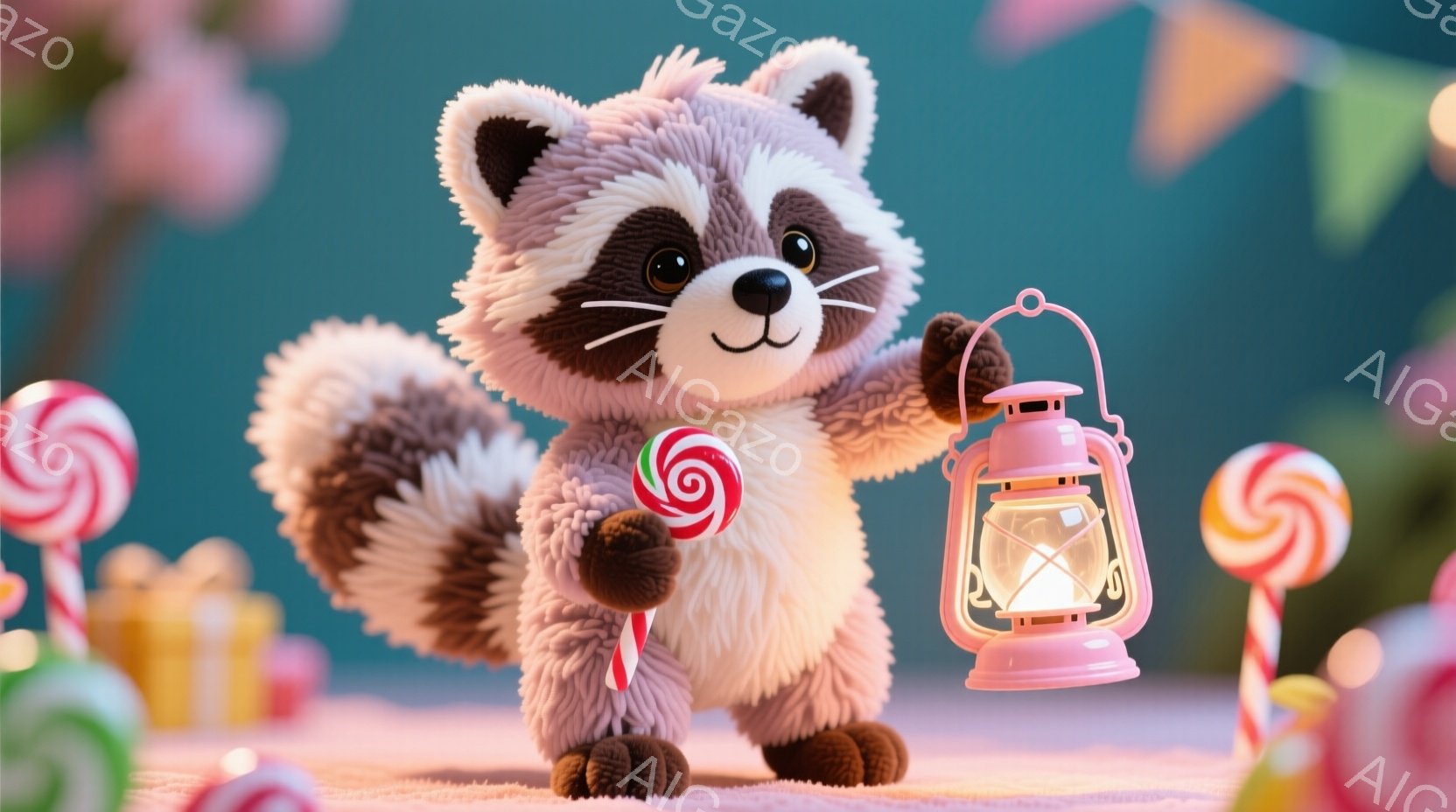 ふわふわの毛並みを持つアライグマが、片手にキャンディ、もう片手にピンク色のランタンを持って立っています。背景にはカラフルなキャンディやプレゼントが散りばめられ、お祝いのような雰囲気です。全体的に柔らかく温かい色調で、可愛らしい印象を与えます。