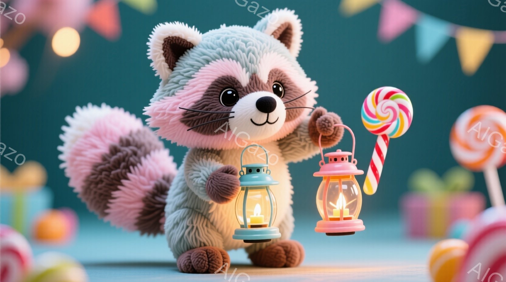 ふわふわの毛並みを持つアライグマが、左右手にそれぞれ提灯とキャンディを持っています。背景にはカラフルな旗やプレゼント、巨大なキャンディがあり、お祭りやパーティーのような楽しい雰囲気が漂っています。アラ - AI生成フリー素材