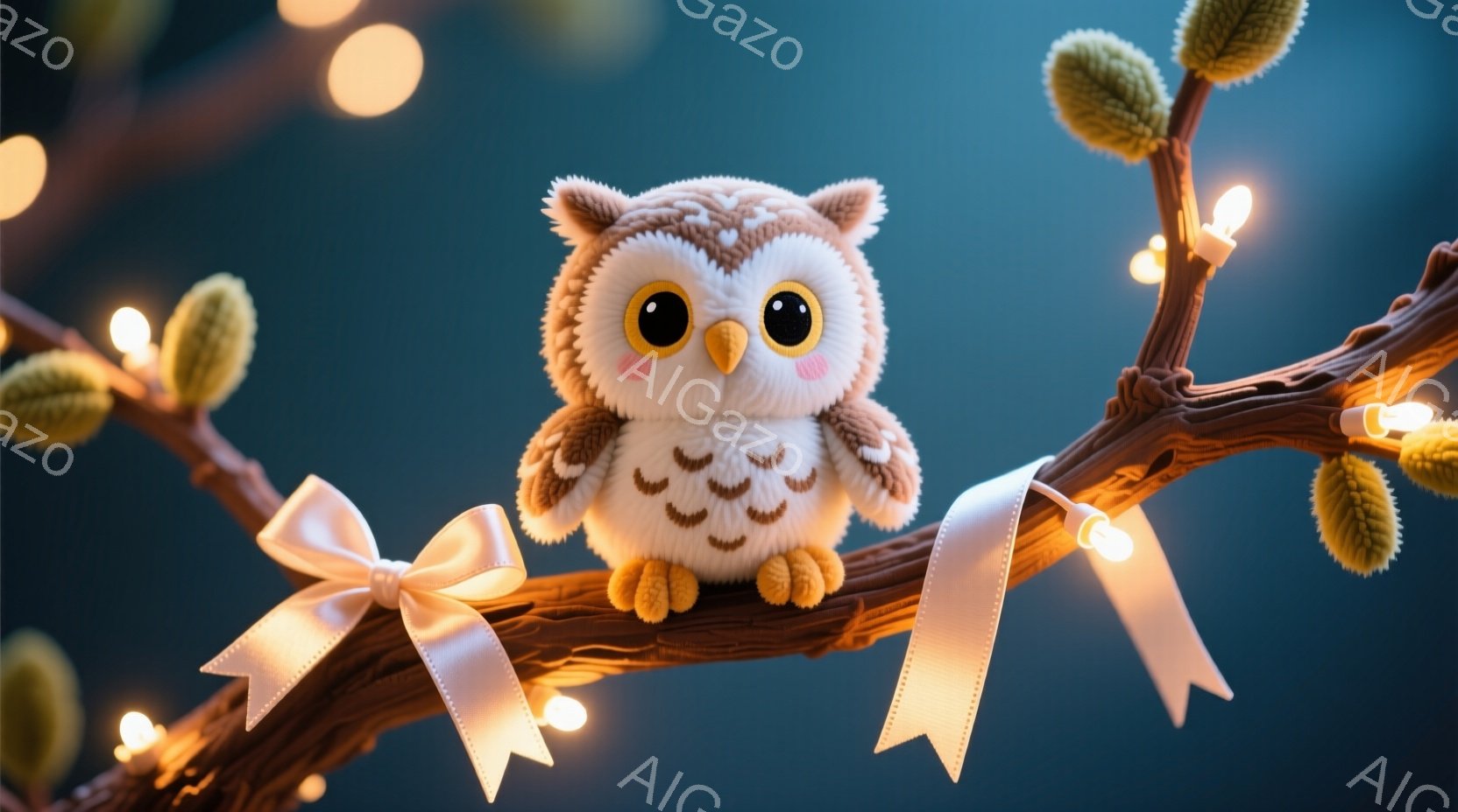 ふわふわとした茶色のフクロウのぬいぐるみは、茶色の枝に座っており、首に白いリボンを結んでいます。背景は暗い青色で、枝には小さな光る電球と蕾が散りばめられています。全体的に、暖かく、愛らしく、幻想的な雰囲気です。