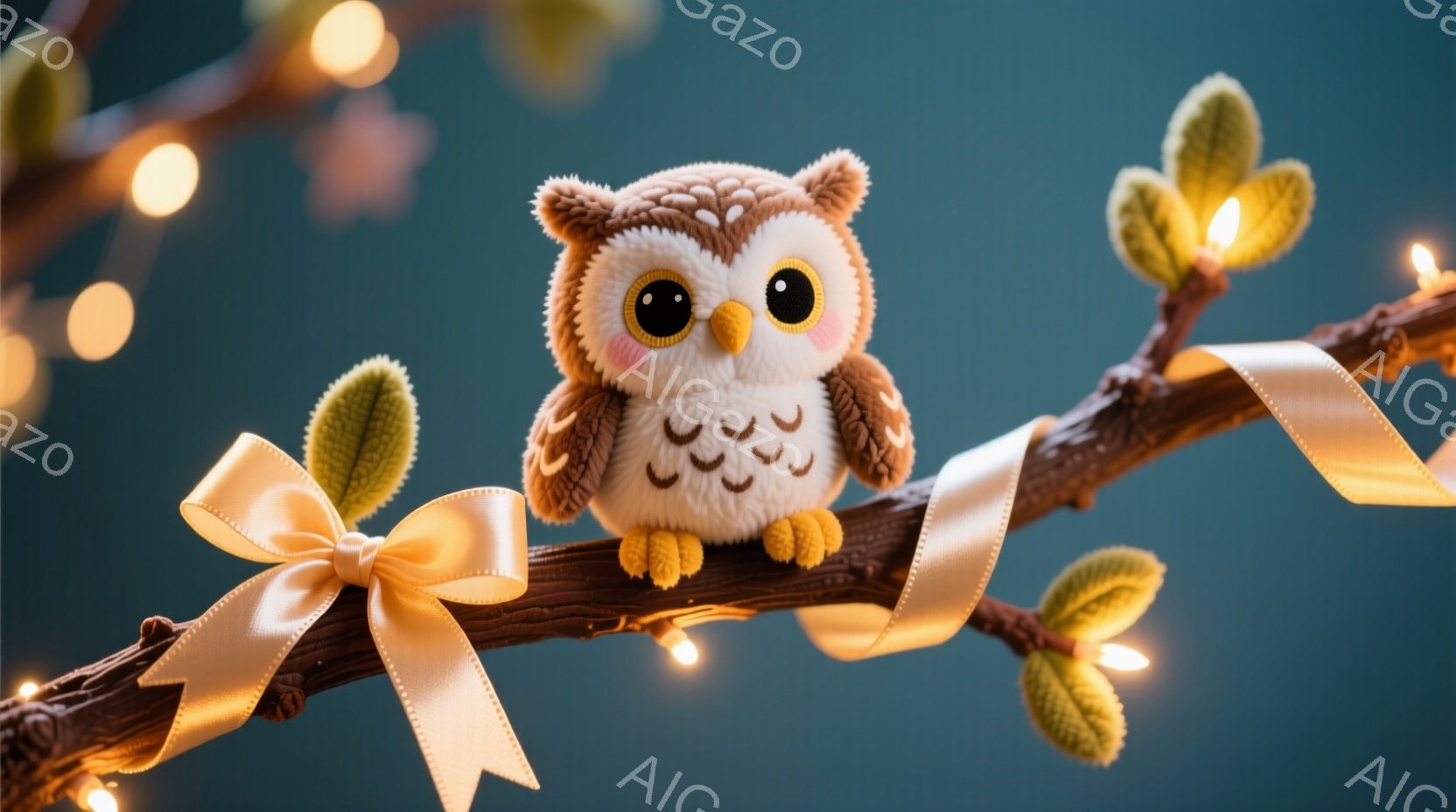 ふわふわの茶色いフクロウが、茶色の枝にちょこんと座っています。枝には緑の葉と明るい黄色のリボンが飾られており、背景にはぼんやりとした光の連なりが見えます。全体的に暖かく、可愛らしい雰囲気で、まるで物語の中の生き物のように見えます。