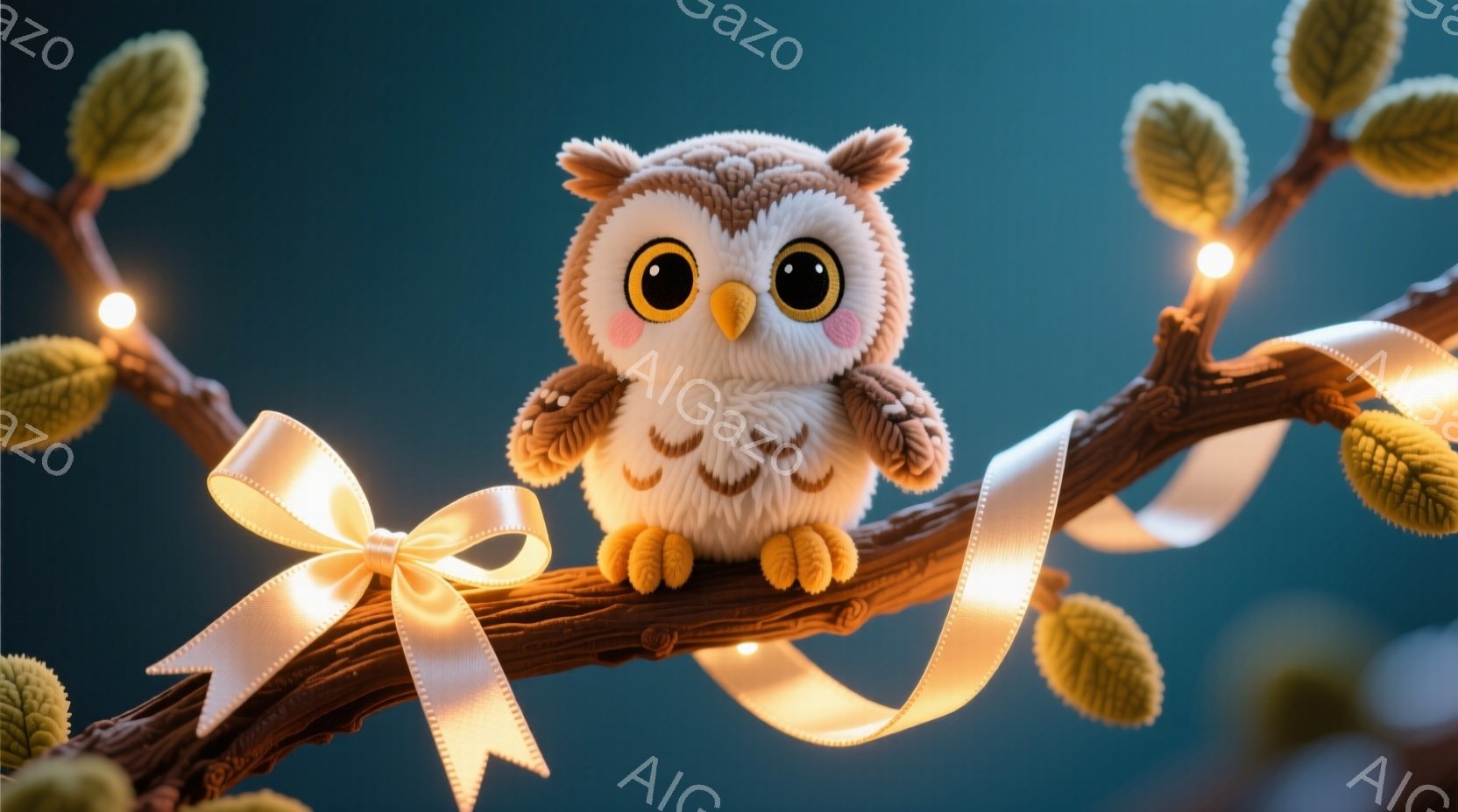 ふわふわの茶色のフクロウが木の枝に座っています。大きな丸い目で優しそうな表情をしており、小さな手は前に組み合わされています。枝には柔らかいクリーム色のリボンが巻き付けられ、周りには芽吹き始めた春の木々が描かれ、暖かい光が灯されています。