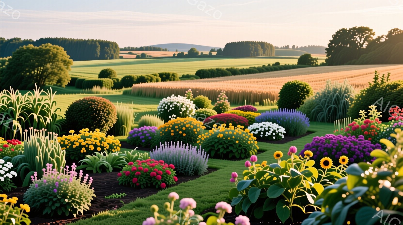 広大な庭園が広がり、色とりどりの花々が咲き乱れている。手入れされた丸い茂みが庭の前面に配置され、背景には緑豊かな草地と黄金色の麦畑が広がり、遠くには緑の丘が見える。全体的に穏やかで平和な雰囲気で、穏や - AI生成フリー素材