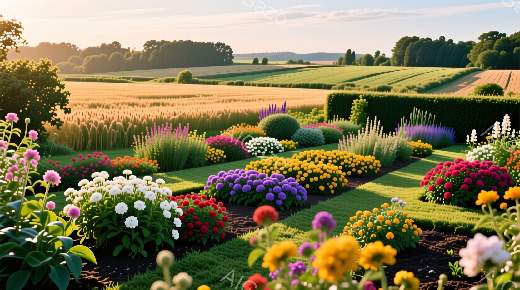 広大な庭園には、赤、紫、白、黄色の鮮やかな花が幾何学的に配置され、まるで絵画のような美しさを醸し出しています。背景には緑豊かな畑が広がり、穏やかな日差しが降り注ぎ、平和で牧歌的な雰囲気が漂っています。手入れの行き届いた生垣が庭園と畑を区切り、自然と人工美が調和した景観を作り出しています。