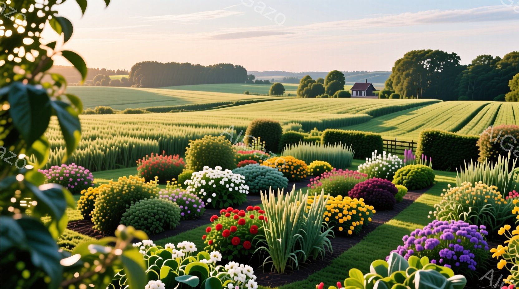 広大な緑の丘陵地帯に、色とりどりの花々が咲き乱れる庭園が広がっている。手入れの行き届いた花壇は、赤、白、紫、黄色の鮮やかな色彩で彩られ、背景にはなだらかな丘と、遠くに見える可愛らしい家が広がっている。 - AI生成フリー素材