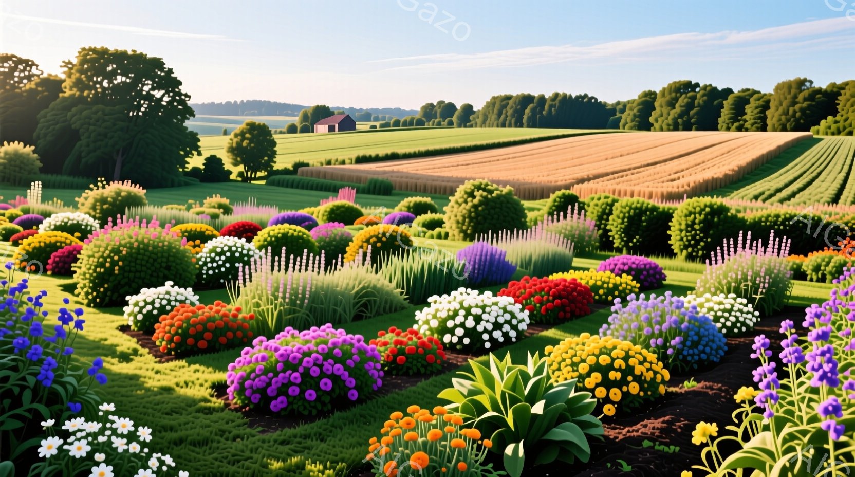 広大な花壇が、色とりどりの丸い花で埋め尽くされており、まるで絵の具を散りばめたような鮮やかさです。背景には、緑の牧草地と小麦畑が広がり、遠くには小さな建物が見えます。穏やかな日差しが降り注ぎ、平和で牧 - AI生成フリー素材