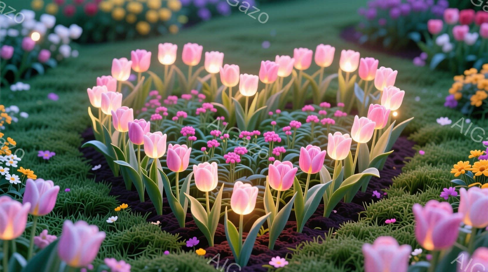 明るい緑色の芝生の中に、ピンク色のチューリップがハート型に咲き乱れている美しい風景です。チューリップの中心には、わずかに光る部分があり、周囲には小さな紫色の花が点在しています。全体的に、暖かく、穏やかで、春らしい雰囲気を感じさせます。