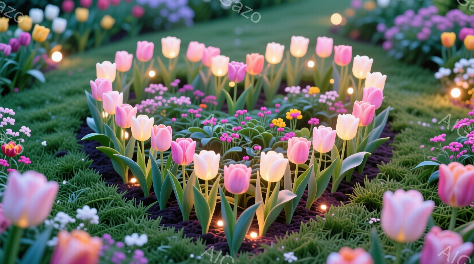 チューリップの花がハート型に植えられた美しい庭園の風景です。ピンクと白のチューリップが密集し、その周りには小さな黄色い花が咲き乱れています。ハートの周りには点灯された小さな光が配置され、幻想的な雰囲気 - AI生成フリー素材