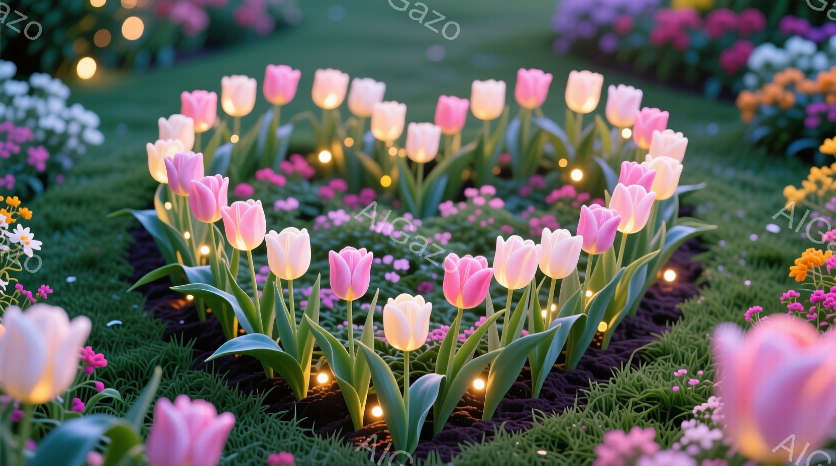 チューリップの花がハート型に植えられた美しい庭園です。薄ピンクと白のチューリップが密集しており、その周囲には様々な色の小さな花が咲き乱れています。夜間であるか、薄暗い光の中で、チューリップの間に配置された小さな光が幻想的な雰囲気を醸し出しています。