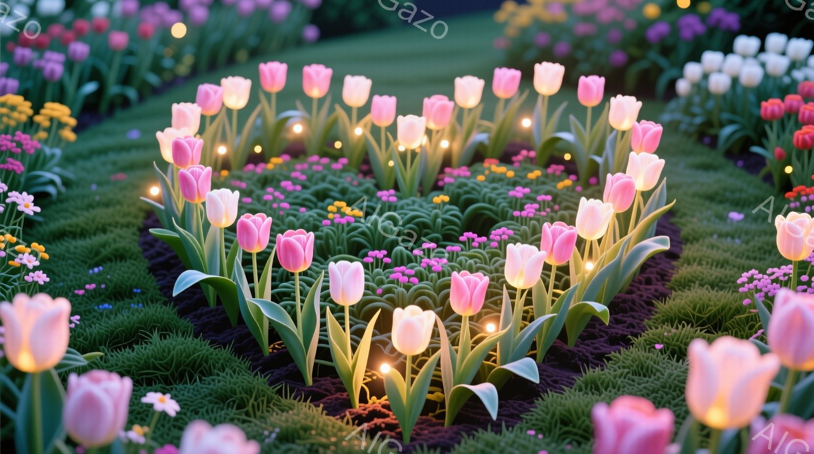 緑豊かな芝生の中に咲き誇るチューリップの花壇を描いています。ピンクと白のチューリップがハート形に配置され、その周囲には小さな光が輝き、幻想的な雰囲気を醸し出しています。背景には、色とりどりの花が咲き乱 - AI生成フリー素材