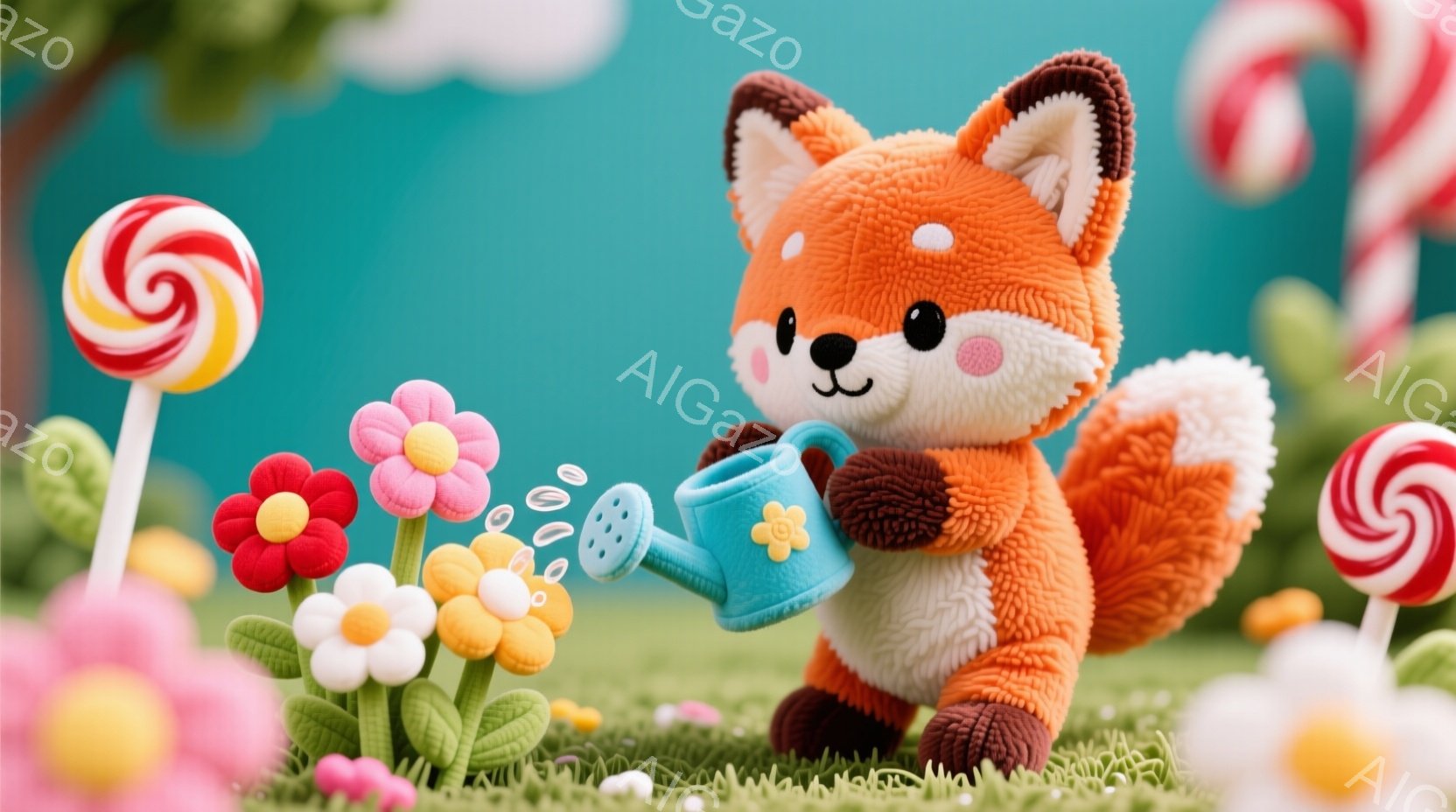ふわふわのオレンジ色の狐が、青いジョウロで花に水をやっています。背景にはカラフルなキャンディや白い、ピンク、黄色の花が咲き乱れ、緑の草の上で可愛らしい姿を見せています。全体的に明るく、お菓子のような甘くて楽しい雰囲気が漂っています。