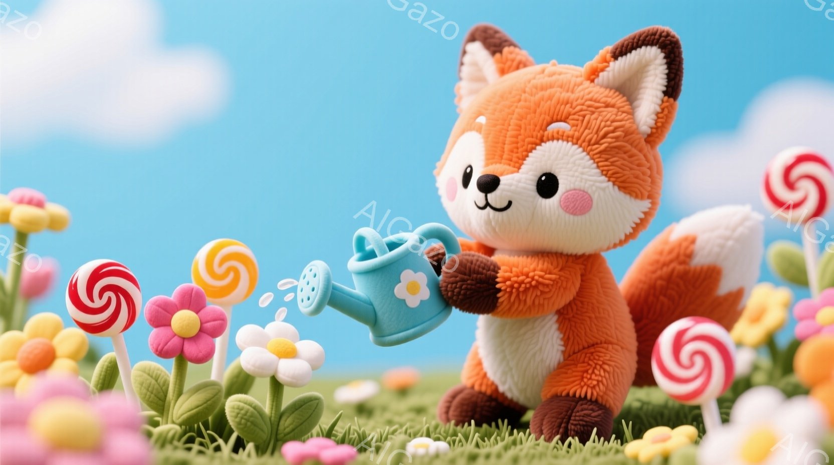 鮮やかな緑の草の上に、愛らしいキツネが立っており、小さな青いジョウロで花に水をやっています。キツネはオレンジ色の毛並みで、茶色のアクセントがあり、嬉しそうな表情をしています。背景には、キャンディーのよ - AI生成フリー素材