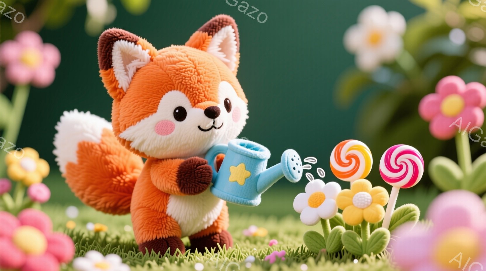 ふわふわのオレンジ色のキツネが、水色ジョウロで花に水をやっています。キツネは嬉しそうな表情で、草の上に咲く花々とキャンディに囲まれています。背景は緑の草と色とりどりの花で、暖かい春の日のような穏やかな雰囲気です。