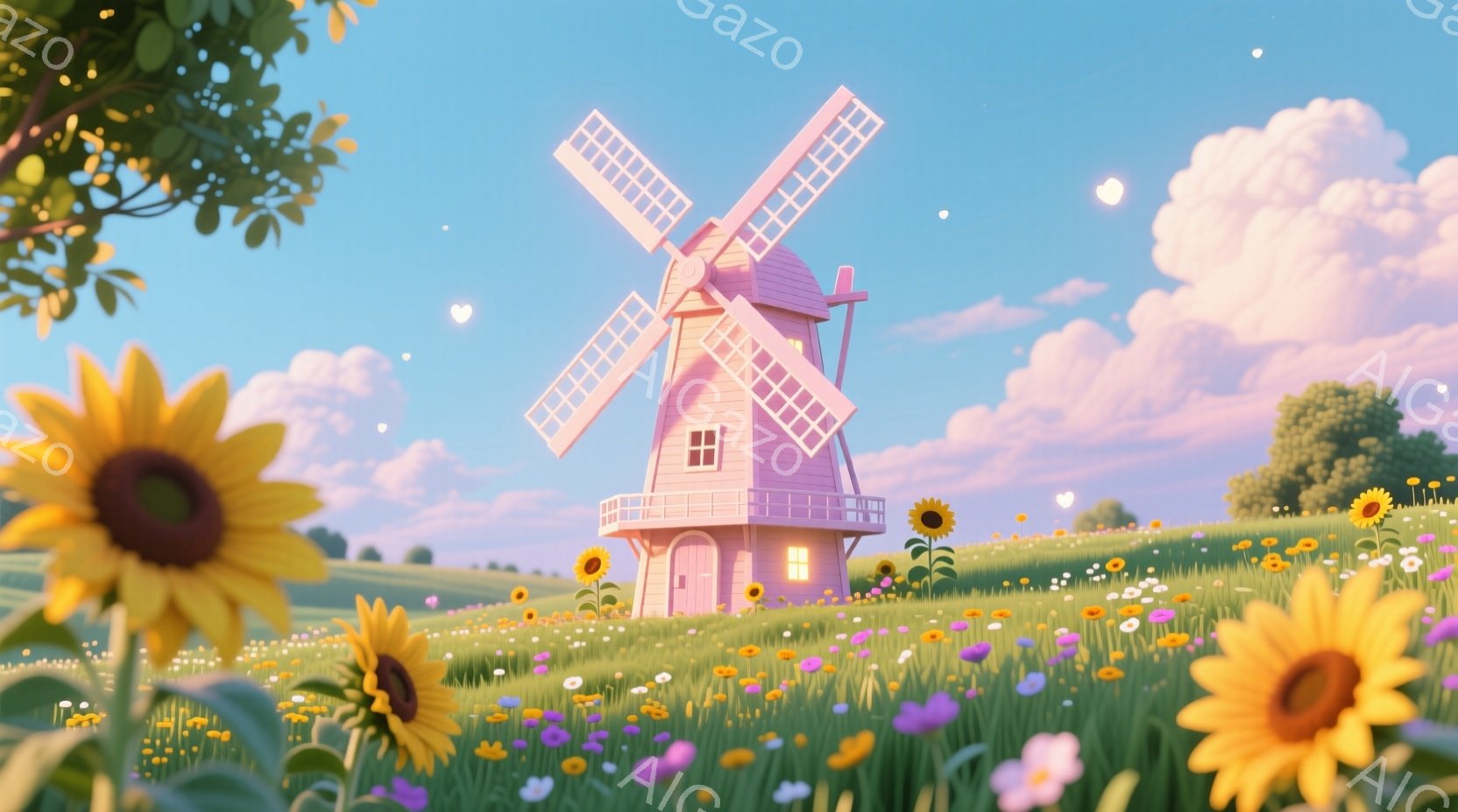 鮮やかな緑の草原に、ピンク色の風車が建っています。周りにはひまわりや小さな花々が咲き乱れ、背景には穏やかな丘と、ふんわりとしたピンク色の雲が広がっています。全体的に、温かく、夢のような、牧歌的な雰囲気です。