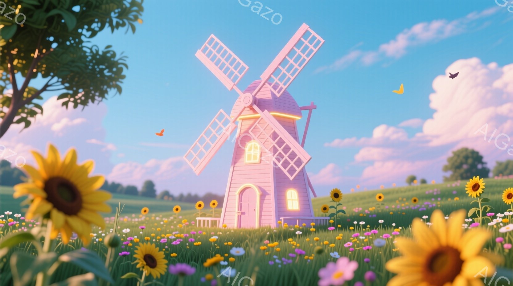 淡いピンク色の風車が、緑の丘に咲き誇る花畑の中に建っています。空は穏やかなピンクと青のグラデーションで、数羽の鳥が飛んでおり、全体的に夢のような、牧歌的な雰囲気が漂っています。鮮やかなヒマワリが手前に配置され、風景に暖かさと活気を与えています。