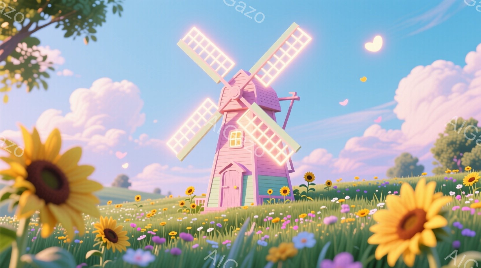 鮮やかなピンクと緑色の風車が、花畑の中に建っています。空はパステルカラーのピンクと水色で、ふわふわとした雲が浮かび、全体的に明るく穏やかな雰囲気です。ひまわりやデイジーなどの花々が咲き乱れ、風車はまるで絵本の中に出てくるような可愛らしい印象を与えます。