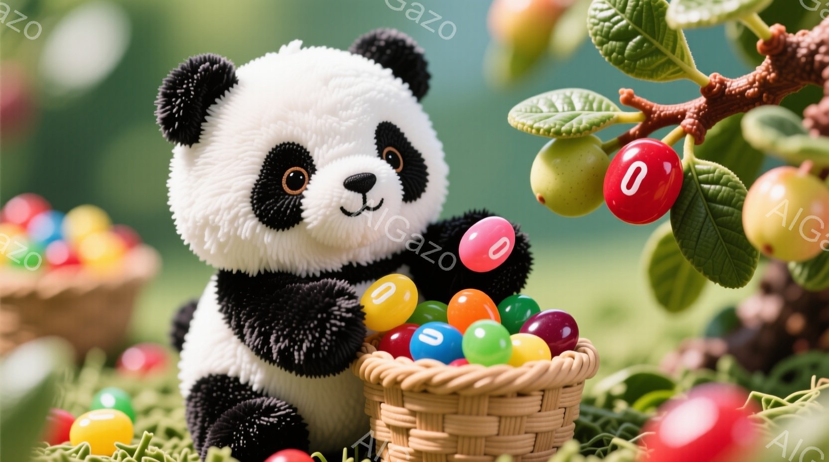 白黒のパンダのぬいぐるみは、バスケットいっぱいのカラフルなキャンディーのそばに立っており、片手にキャンディーを持っています。背景には、赤い実がなった枝と、緑の葉が広がっており、明るく楽しい雰囲気を醸し出しています。全体的に、おとぎ話のような世界観を連想させる、可愛らしいイメージです。