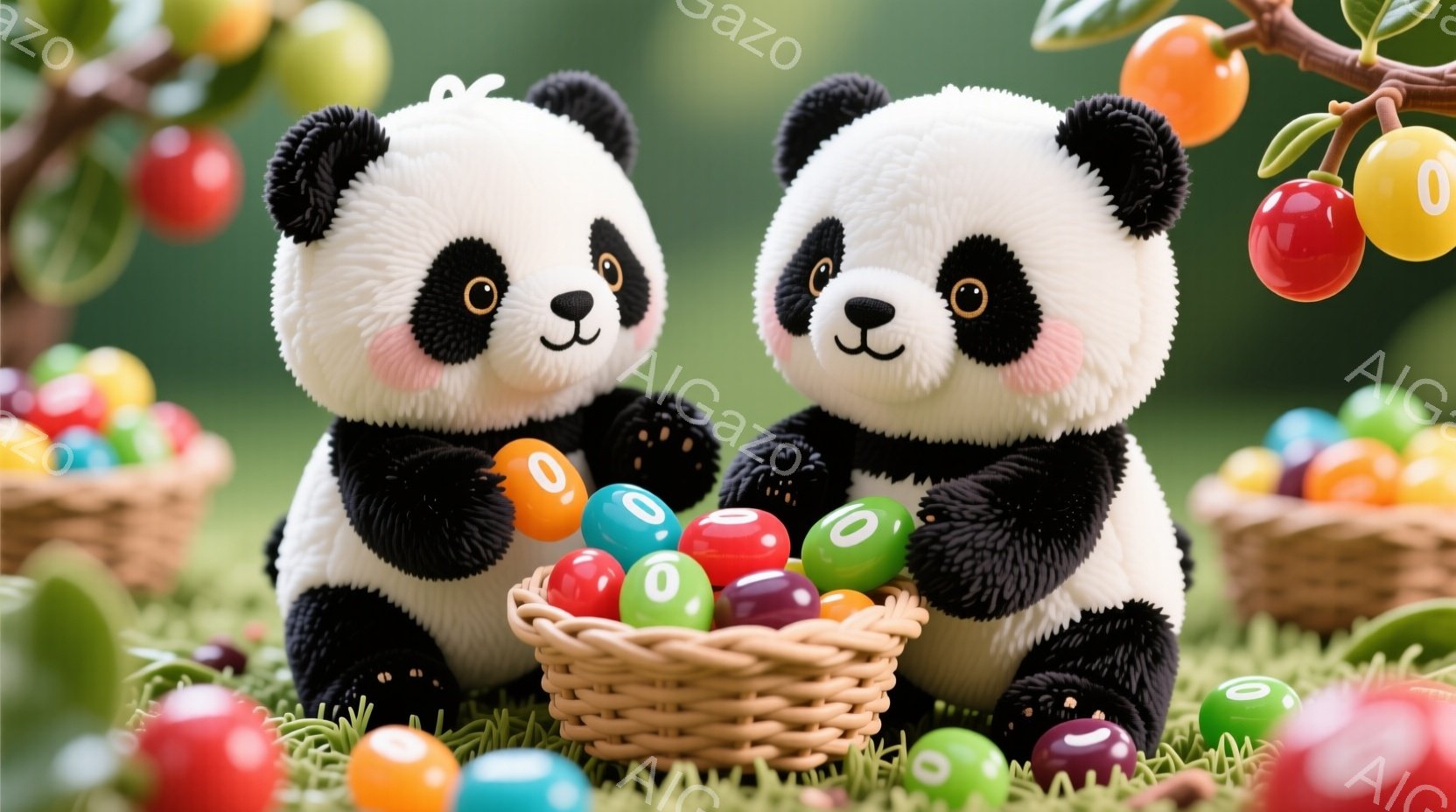 ふわふわのパンダのぬいぐるみが、緑の芝生の上に座って、小さなバスケットいっぱいのカラフルなキャンディーを取り囲んでいます。パンダたちはつぶらな瞳で穏やかな表情を浮かべ、可愛らしい姿をしています。背景に - AI生成フリー素材