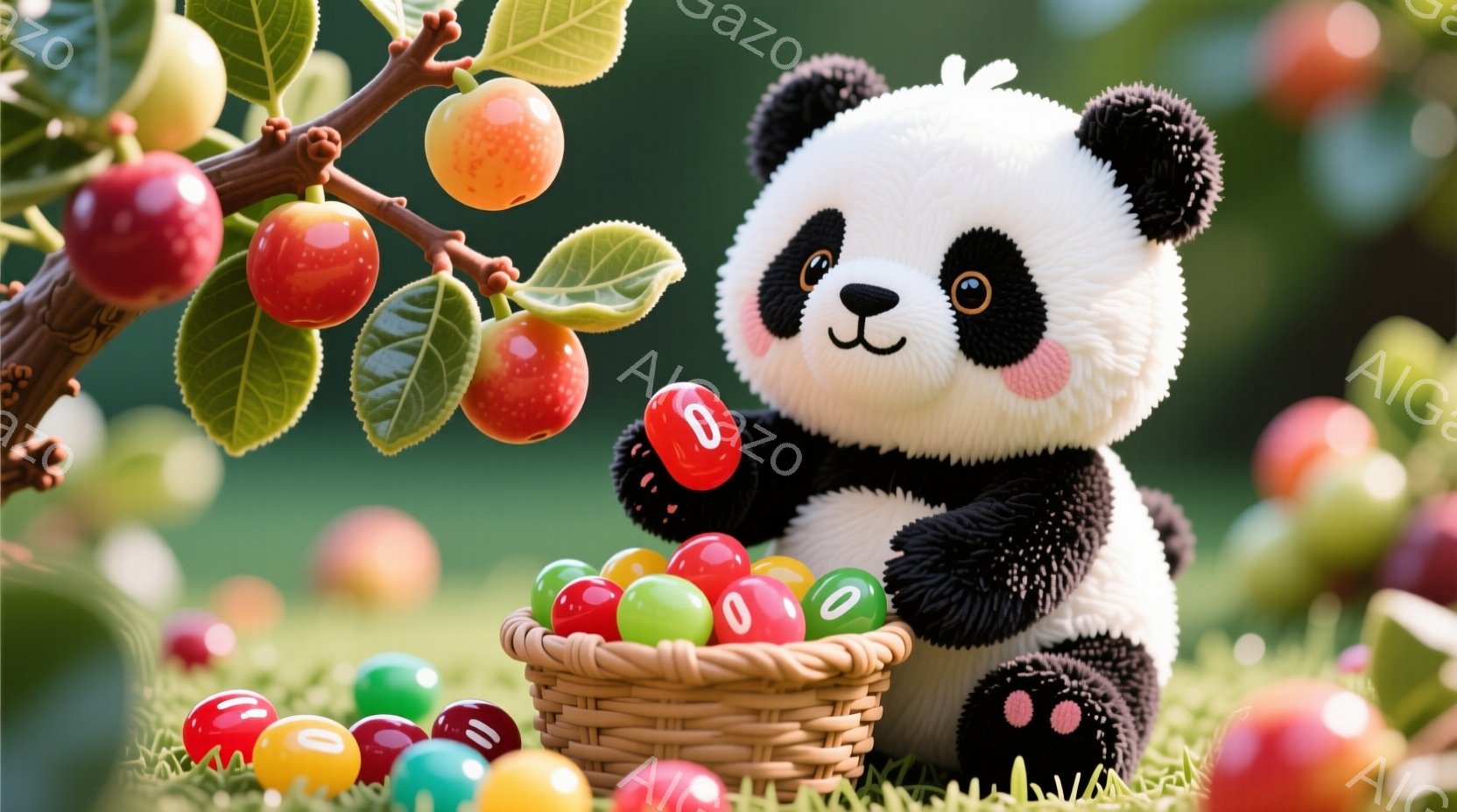 白と黒のパンダが、色とりどりのジェリービーンズが入ったバスケットを抱えています。パンダは大きな黒い目で微笑んでおり、非常に愛らしい表情をしています。背景には緑の草むらと赤い実がなっている木があり、全体的に明るく、楽しげな雰囲気です。