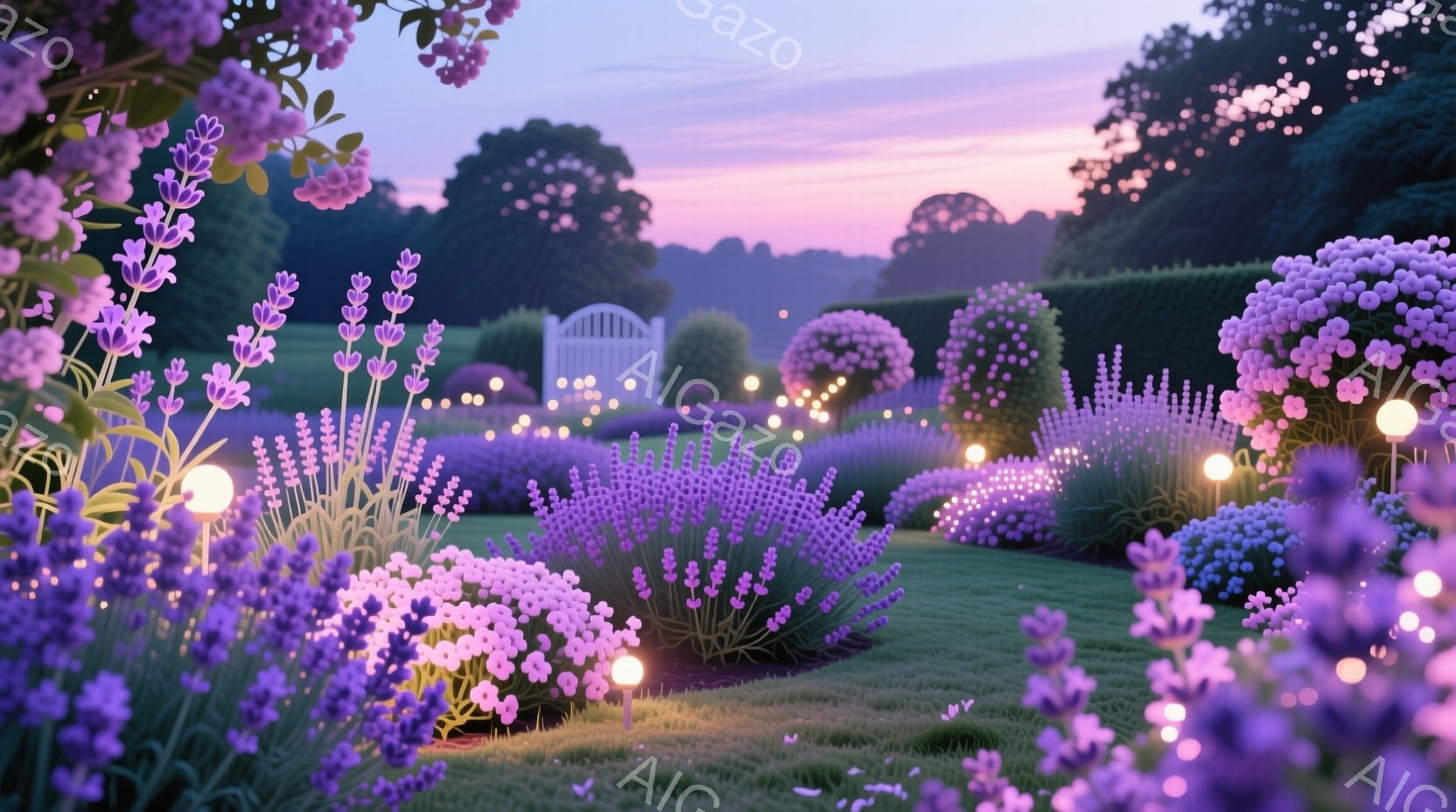 広大なラベンダー畑が夕焼け空の下に広がっており、手入れの行き届いた生垣と白いゲートが背景に見えます。庭園には小さな電球が配置され、幻想的な雰囲気を醸し出しています。紫と緑の鮮やかな色彩が目に心地よく、穏やかで平和な時間が流れているように感じられます。