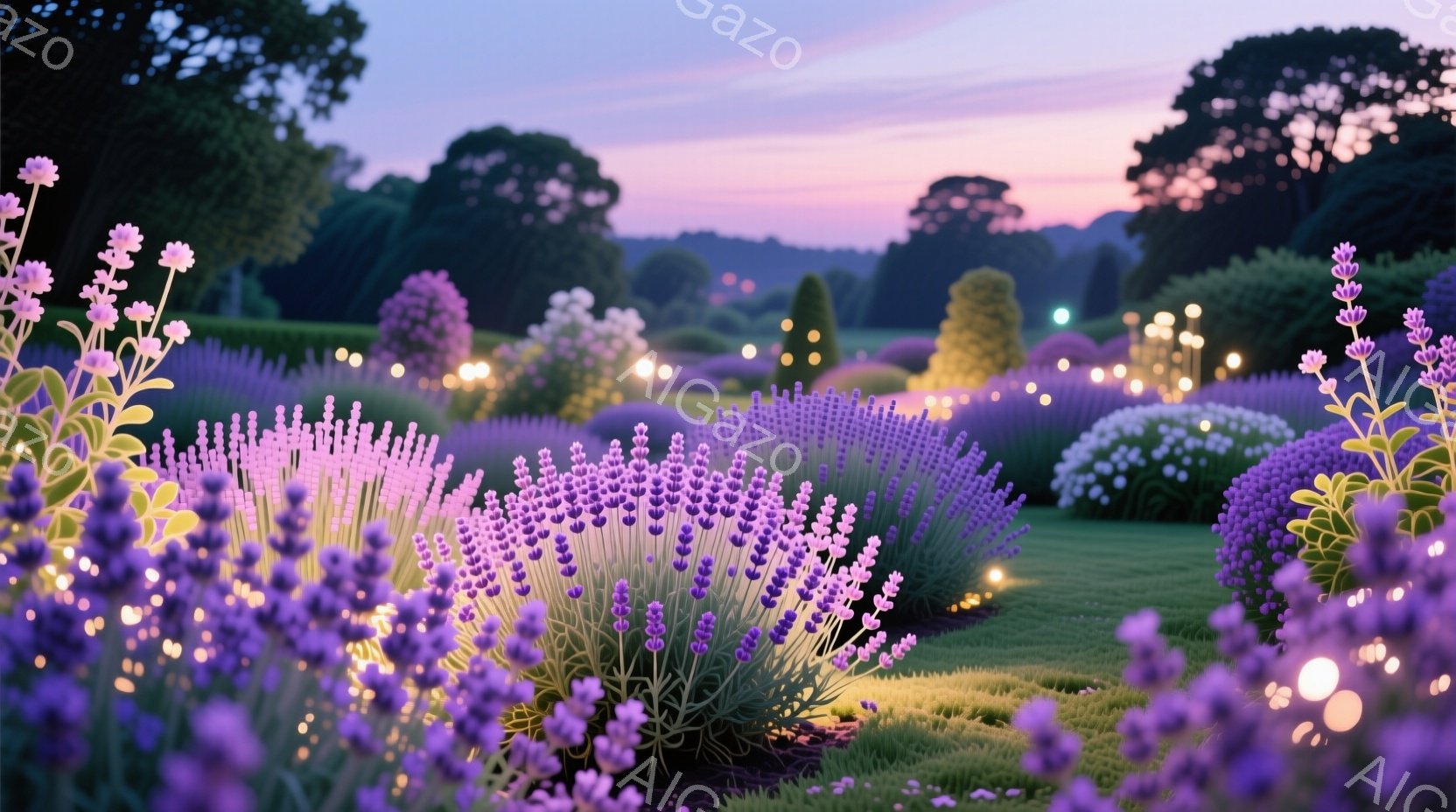 ラベンダー畑が広がり、夕暮れ時の空がピンクと紫のグラデーションで染まっている。芝生の上には小さな光が灯り、手入れされた低木が背景を彩っている。穏やかで夢幻的な雰囲気が漂い、リラックスできる美しい風景だ - AI生成フリー素材