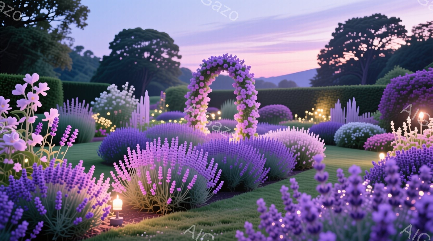 広大な庭園には、ラベンダーの茂みが整然と植えられ、その中央には紫色の花で飾られたアーチが印象的に立っている。夕暮れ時の空は、ピンクと紫のグラデーションで彩られ、庭全体を幻想的な雰囲気に包み込んでいる。 - AI生成フリー素材