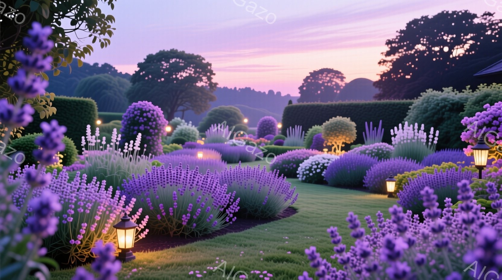 ラベンダー畑が広がり、手入れの行き届いた刈り込み木と花壇が美しい庭園です。夕暮れ時の空は、紫とピンクのグラデーションで彩られ、庭園全体を幻想的な雰囲気に包んでいます。庭園に配置された灯籠が穏やかな光を - AI生成フリー素材