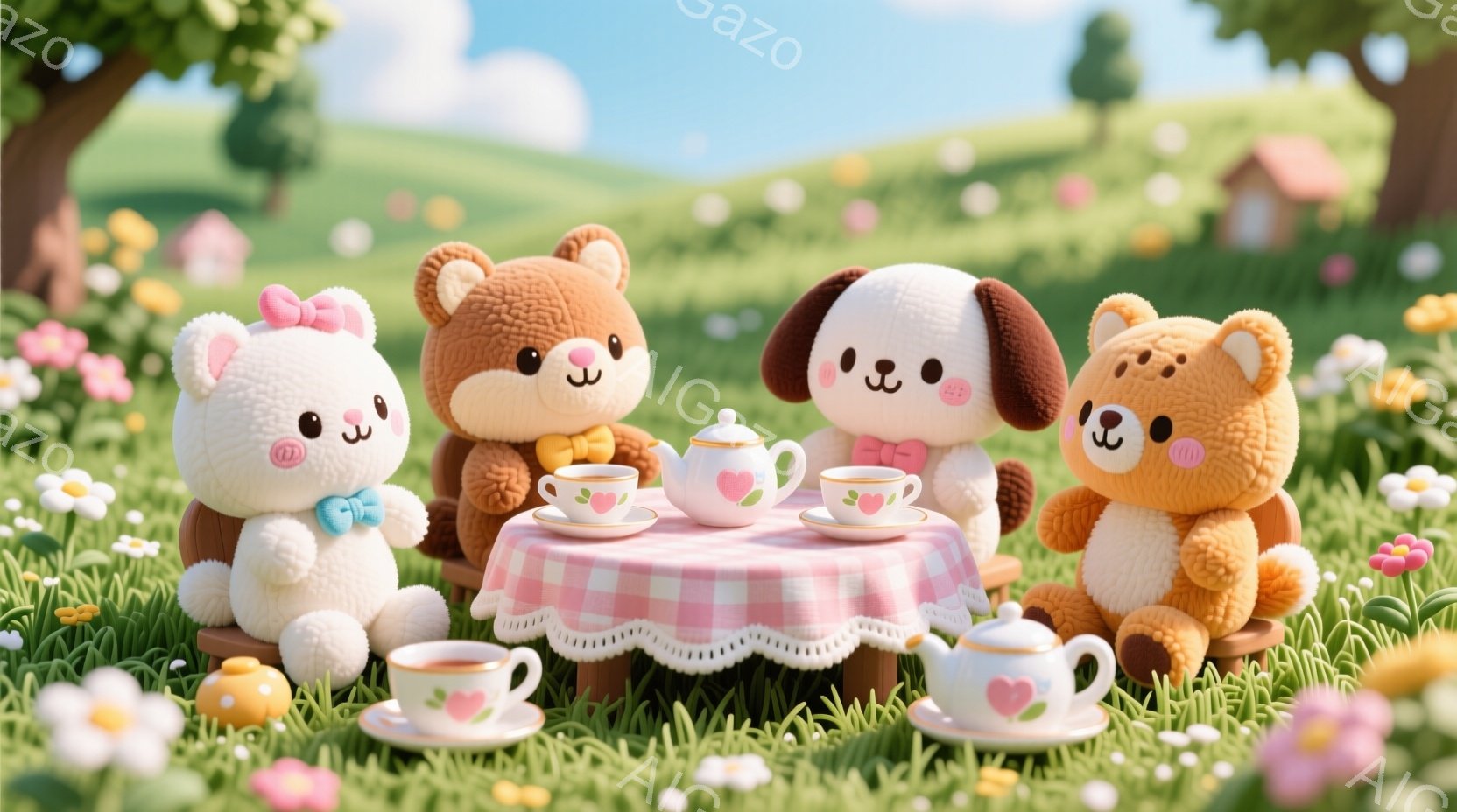 ふわふわとした動物のキャラクターたちが、ピンク色のチェック柄のテーブルを囲んでティーパーティーを楽しんでいます。それぞれリボンや蝶ネクタイをつけ、可愛らしい表情をしています。背景には緑の草原と小さな家 - AI生成フリー素材