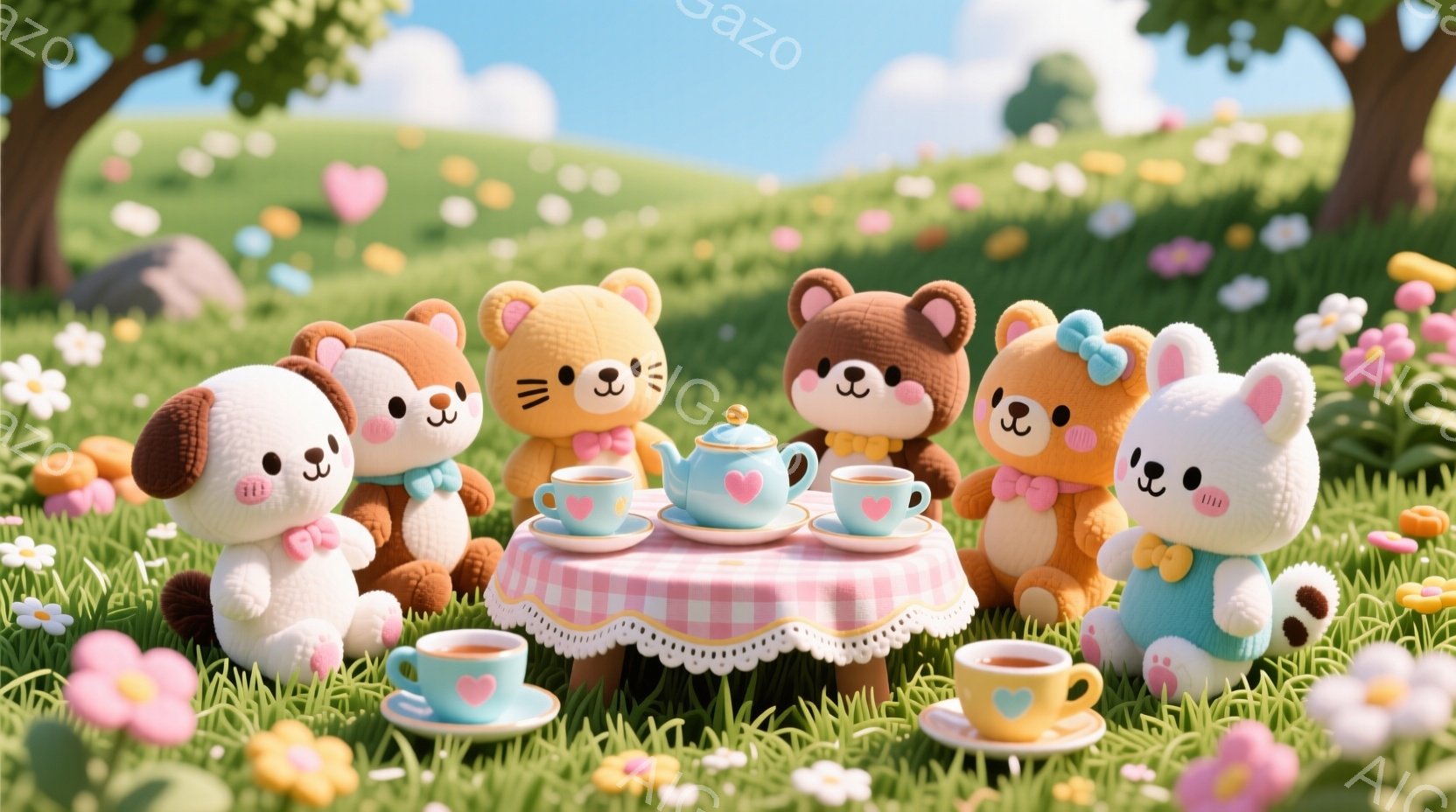 緑豊かな草原で、動物たちがティーパーティーを楽しんでいます。それぞれの動物は可愛らしい服装を身に着け、穏やかな表情でティーカップを手にしています。背景にはピンクと白の花が咲き乱れ、遠くには穏やかな丘と - AI生成フリー素材