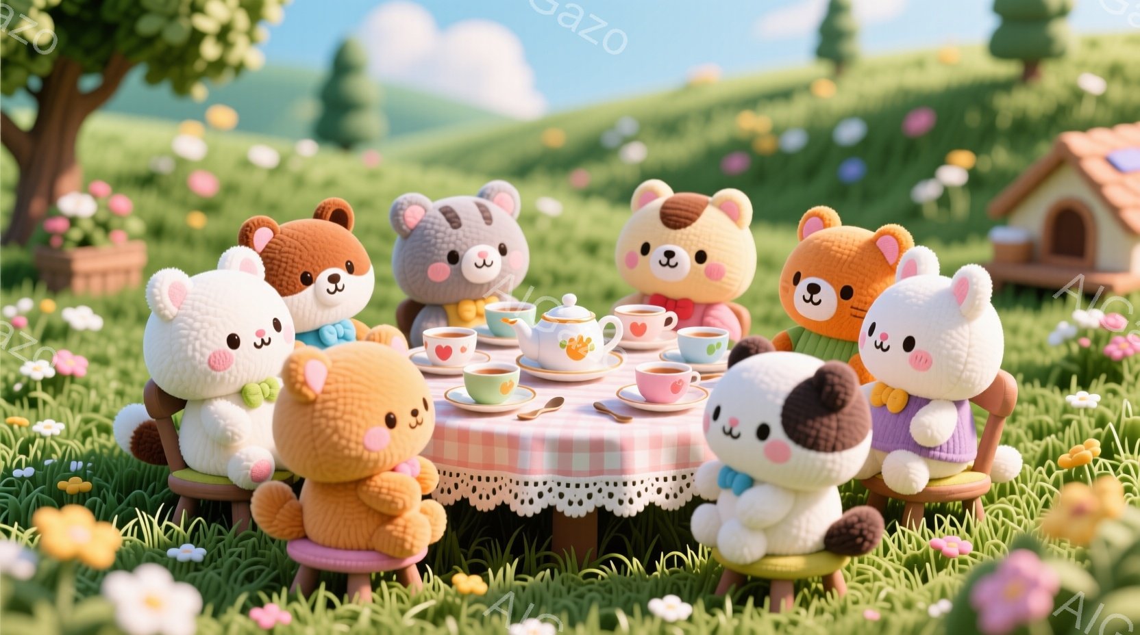 鮮やかな緑の草原に、動物を模した可愛らしい人形たちが円卓を囲んでお茶会を楽しんでいます。人形たちはそれぞれ異なる毛色と模様を持ち、可愛らしい服装をしています。背景には、小さな家や花が咲き乱れる草原が広 - AI生成フリー素材