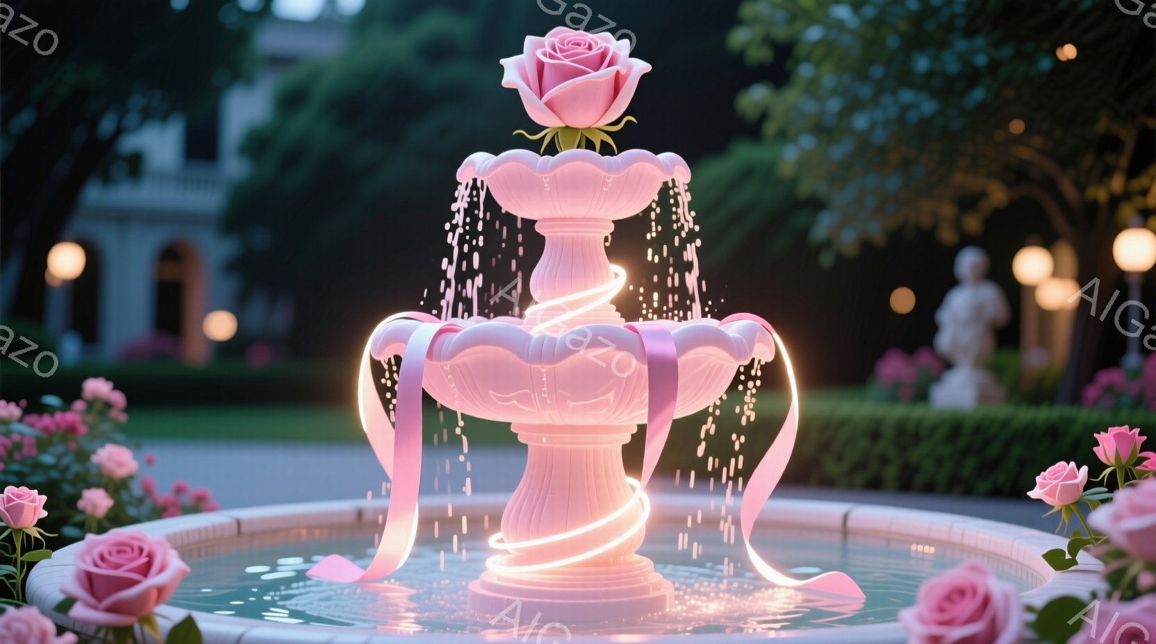 ピンク色の噴水が描かれており、中央に大きなバラの花が咲き誇っている。噴水の周りにはバラの茂みが咲き乱れ、背景には緑豊かな庭園と、ぼんやりと見える建物が見える。全体的に、幻想的でロマンチックな雰囲気が漂っている。