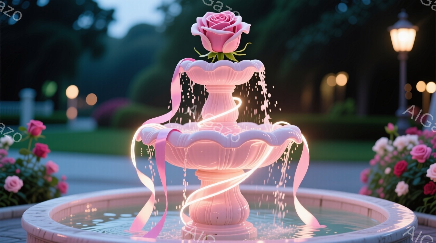 淡いピンク色の噴水が、夜の庭園に佇んでいます。噴水の中心には薔薇が咲き誇り、水が優雅に流れ落ちています。周囲にはバラの茂みが咲き乱れ、遠くには街灯が灯り、ロマンチックで幻想的な雰囲気を醸し出しています。