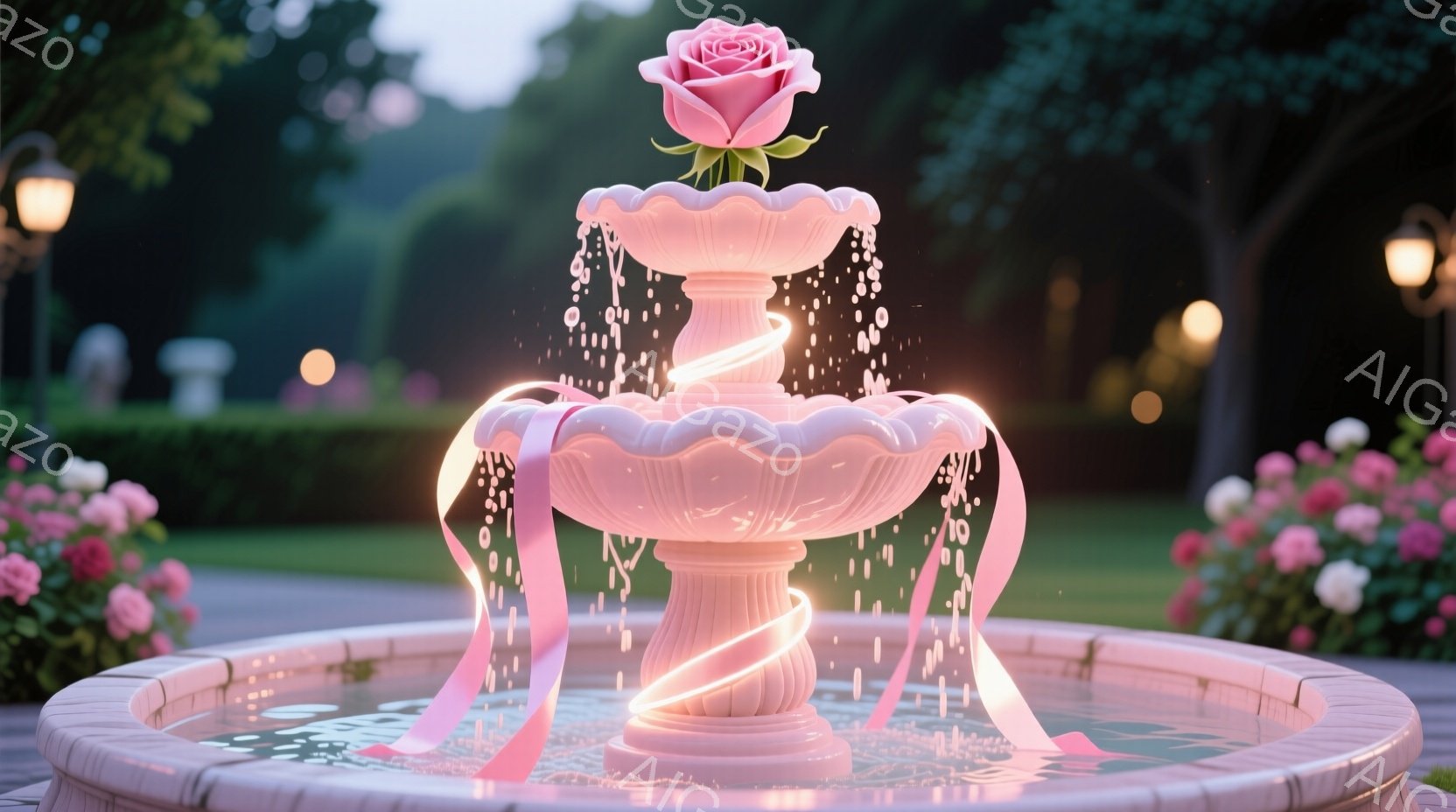 庭園の中心に設置されたピンク色の噴水です。噴水は数段構造で、最上部にはピンクのバラが飾られています。周囲には手入れの行き届いた花壇と緑豊かな木々が広がり、穏やかで夢のような雰囲気を醸し出しています。