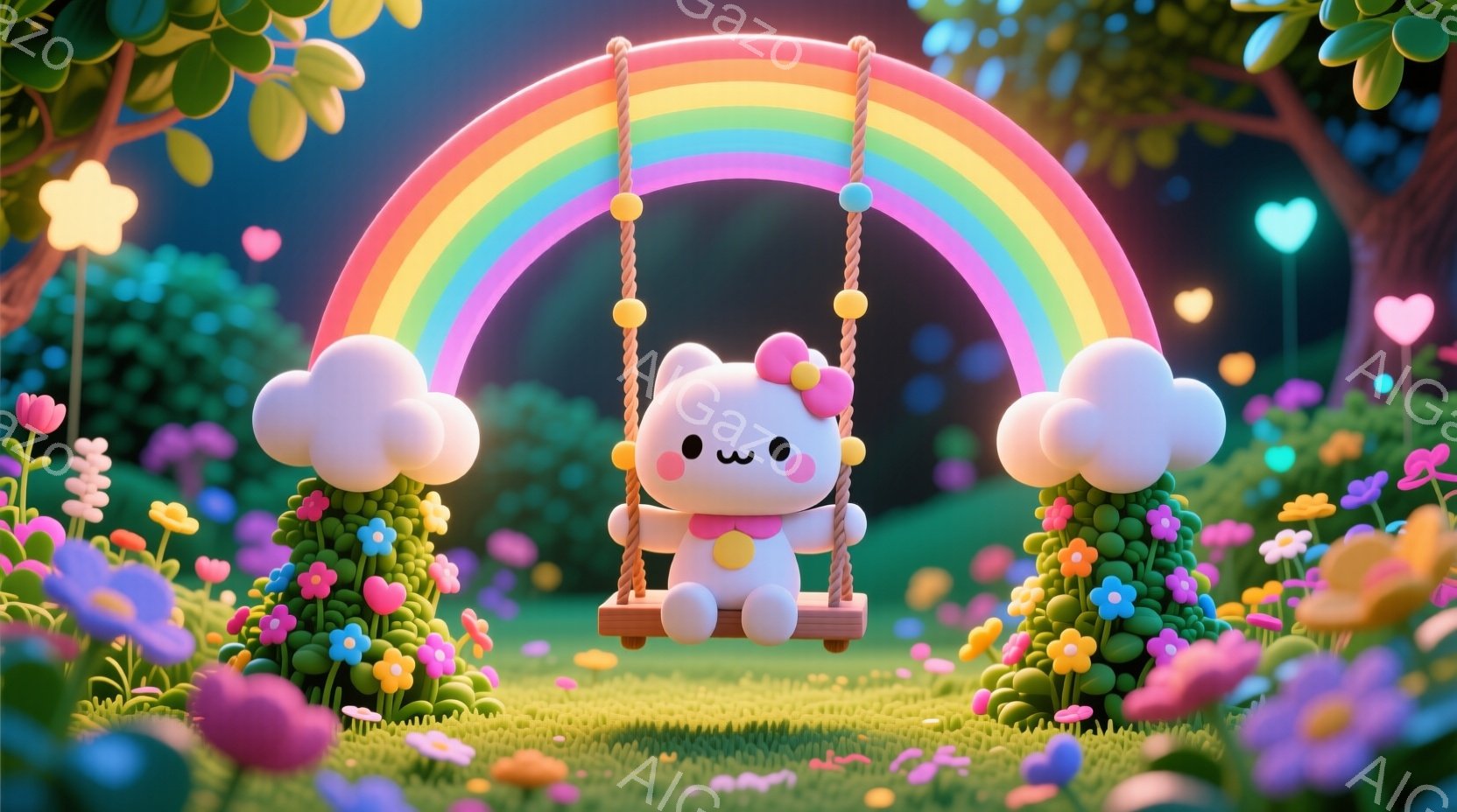 白いふわふわした動物のキャラクターが、虹色のブランコに乗って楽しんでいます。キャラクターはピンクの服を着ており、つぶらな瞳と穏やかな表情をしています。背景には色とりどりの花々が咲き乱れ、雲のような形の木々が立ち並び、全体的に夢のような、可愛らしい雰囲気が漂っています。