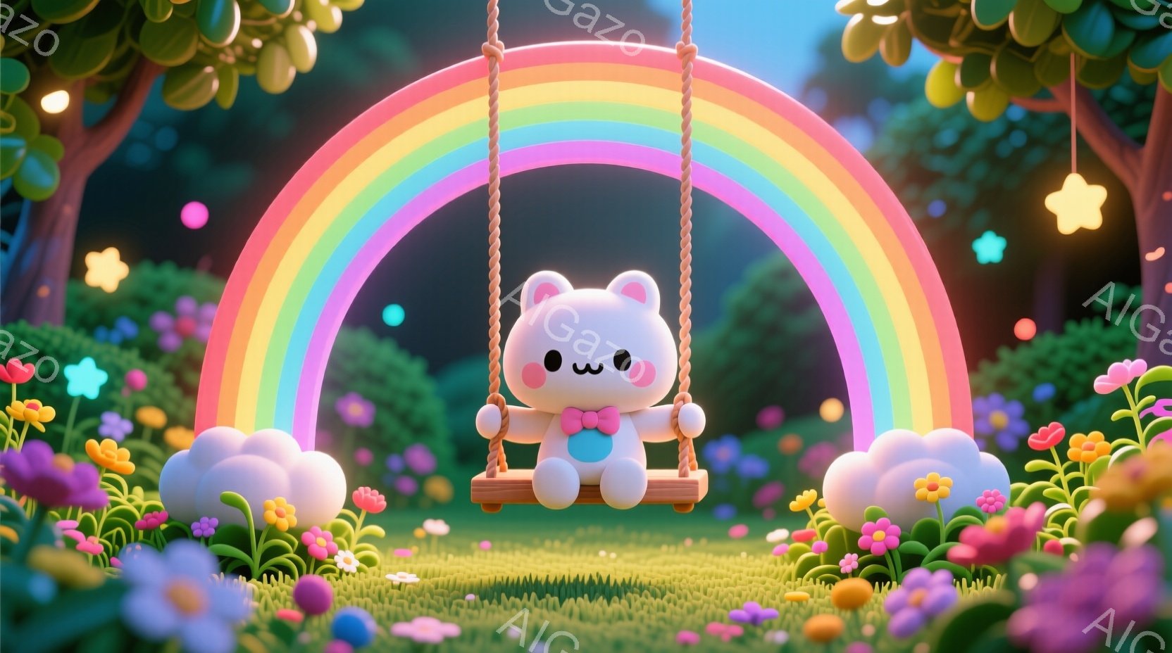 ふわふわの白い子ウサギが、虹色のブランコに座ってリラックスしています。ピンクのリボンをつけており、可愛らしい表情で、周囲にはパステルカラーの花々が咲き乱れています。背景には緑豊かな木々と、雲のような白いふわふわのオブジェクトがあり、夢のような優しい雰囲気を醸し出しています。
