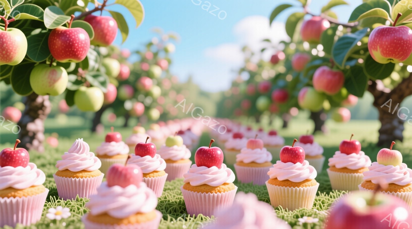 広大なリンゴ園の中に、アイシングと赤いリンゴが飾られたカップケーキが整然と並んでいます。鮮やかな緑色の芝生の上に置かれ、背景にはリンゴの木が連なり、青空の下で明るい雰囲気を醸し出しています。全体的に可 - AI生成フリー素材
