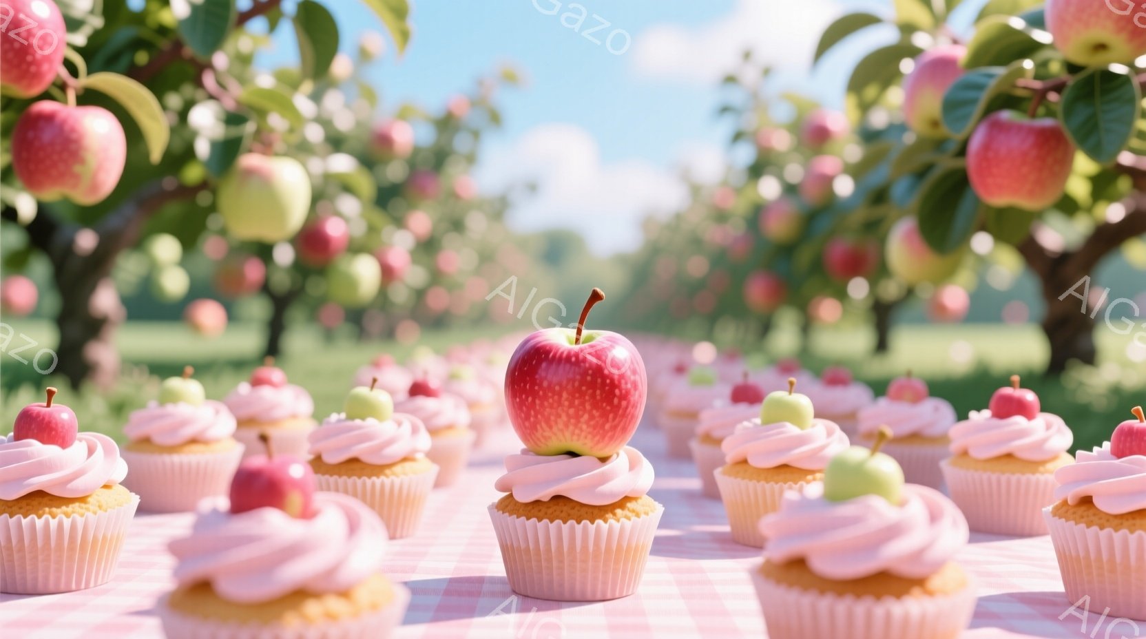 ピンク色のチェック柄の布の上に、さまざまな色のクリームを乗せたカップケーキが並んでいます。それぞれのカップケーキには、赤や緑のリンゴがトッピングされており、まるで収穫されたばかりのリンゴ園の中にいるような印象を与えます。背景には緑豊かなリンゴの木が並び、晴れた空の下で、甘く可愛らしい雰囲気を醸し出しています。
