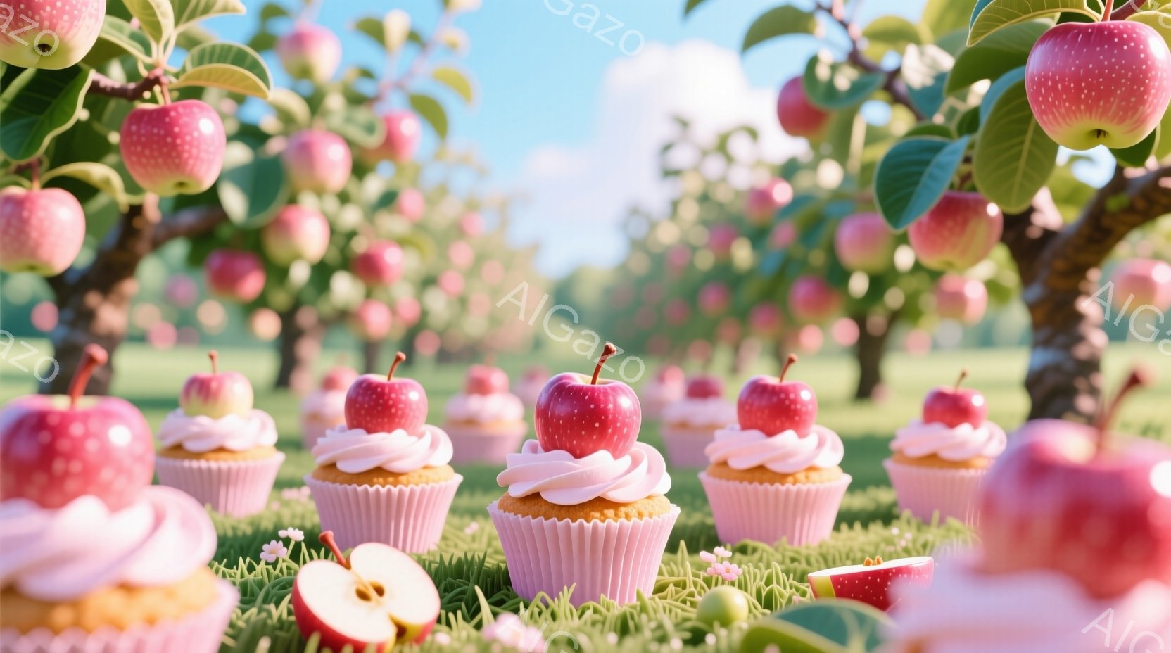 りんごの木に実った赤いりんごが豊富に写っており、緑の芝生の上には可愛らしいピンク色のカップケーキが並べられています。それぞれのカップケーキには、新鮮な赤いりんごがトッピングされており、一部はかじられた状態で配置されています。背景にはぼやけた果樹園が広がり、晴れた空と柔らかい光が、甘くて牧歌的な雰囲気を醸し出しています。