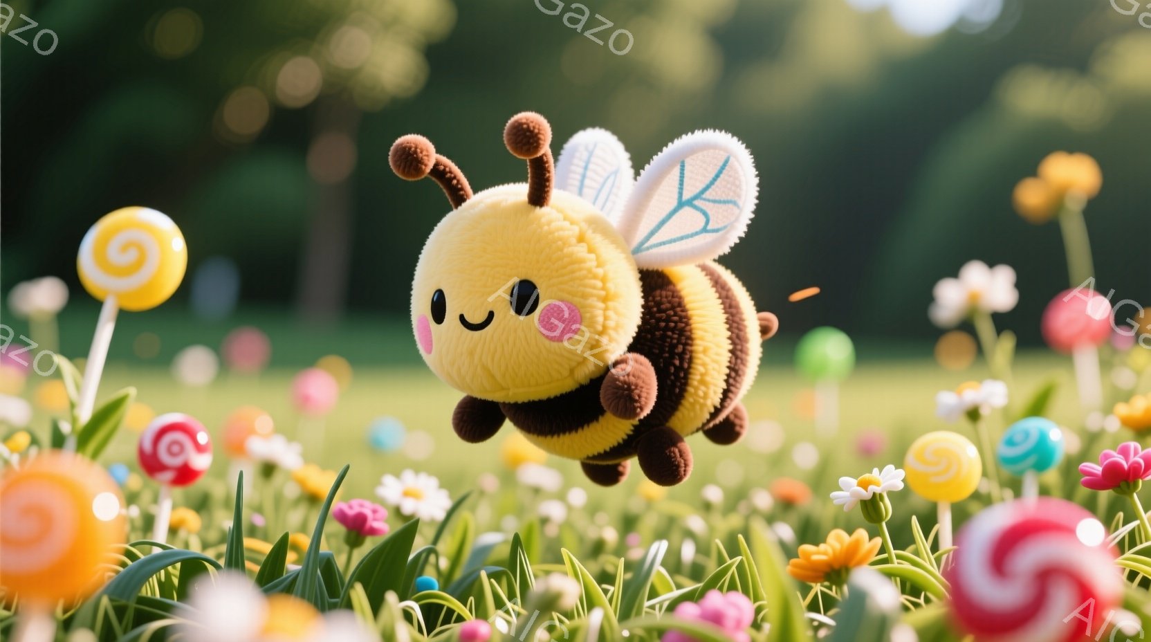 ふわふわとしたミツバチが、色とりどりの花とキャンディの中に浮かんでいます。ミツバチは丸みを帯びた体と、つぶらな瞳が特徴で、愛らしい表情をしています。背景には緑豊かな草地が広がり、明るく楽しい雰囲気を醸 - AI生成フリー素材