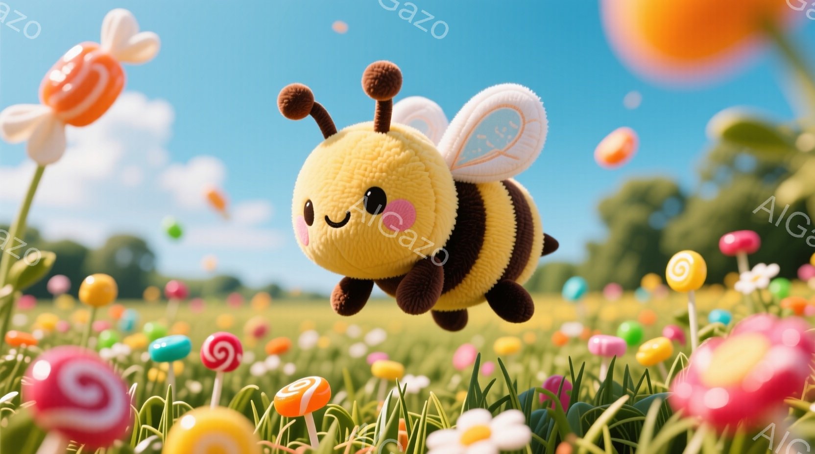明るい緑の草原に、ふわふわとした黄色い蜂が飛んでいます。蜂は愛らしい表情で、丸い体と縞模様が特徴的です。背景にはカラフルなキャンディーのような花々が咲き乱れ、晴れた空の下、楽しい雰囲気を醸し出しています。