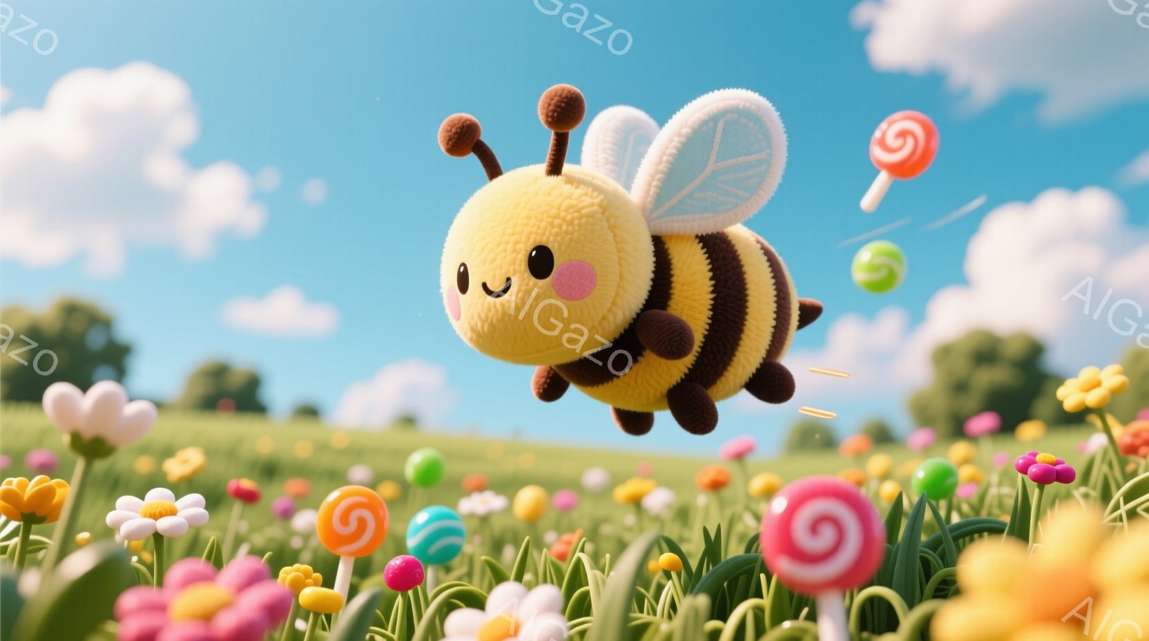ふわふわとした黄色の蜂が、緑豊かな草原の上を飛んでいます。背景には色とりどりの花が咲き乱れ、キャンディーが空中に浮かんでおり、晴れた空と白い雲が広がっています。全体的に、甘くて夢のような、遊び心に満ちた雰囲気です。