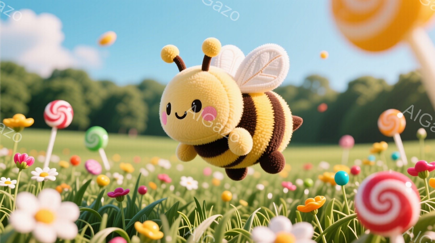 ふわふわとした黄色い蜂が、花畑の上を飛んでいます。ピンクのほっぺと明るい笑顔が特徴で、背景にはカラフルなキャンディや緑豊かな自然が広がっています。全体的に、温かく、遊び心に満ちた雰囲気です。 - AI生成フリー素材