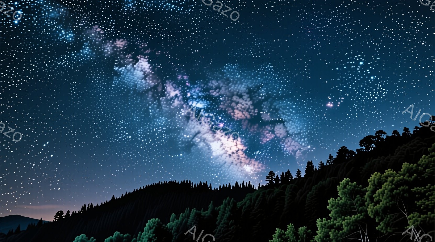 夜の星空を映し、山並みが見える景色です。人物は不明であり、背景には建物や自然などの特定の要素はない。印象としては、平和で静かな夜空を感じることができます。 - AI生成フリー素材