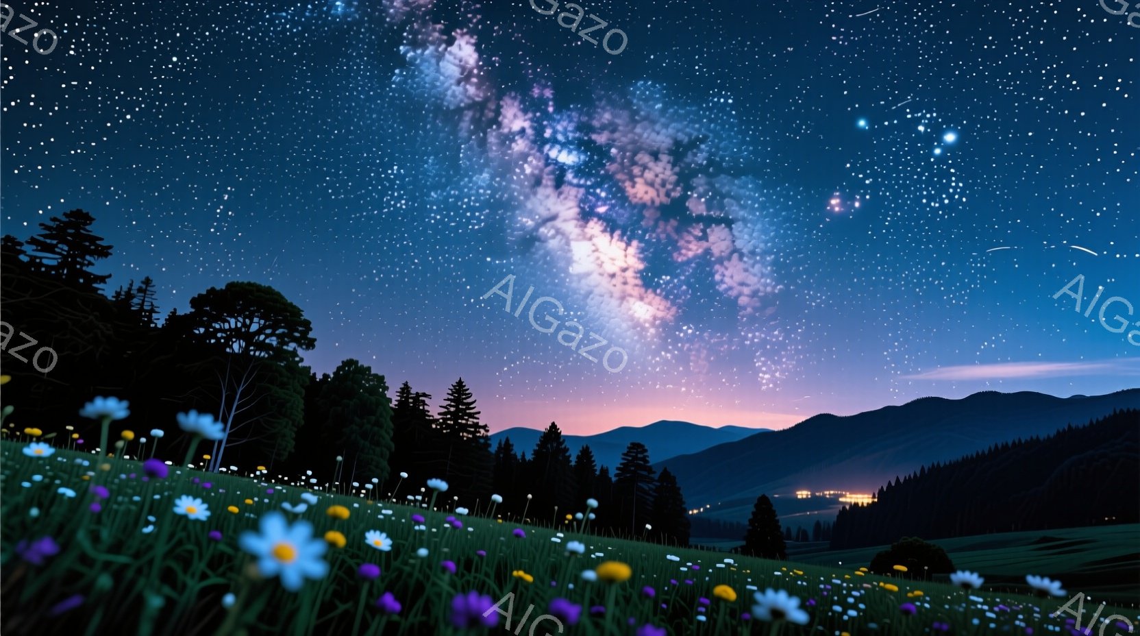漆黒の夜空には天の川が壮大に広がり、星々が煌めいている。手前に広がる草原には、白、紫、黄色の花々が咲き乱れ、遠くにはシルエットで山並みが連なっている。全体的に幻想的で、静寂に包まれた自然の美しさを表現 - AI生成フリー素材
