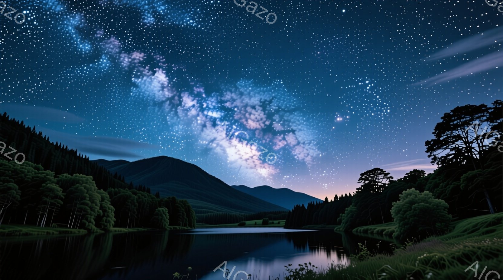 静かな湖の上に、天の川が壮大に広がっている夜の風景だ。湖は周囲の深い緑の森林と山々を映し出し、その静寂と神秘的な雰囲気を高めている。空には無数の星が輝き、まるで天の川の一部が湖面に溶け込んでいるように - AI生成フリー素材