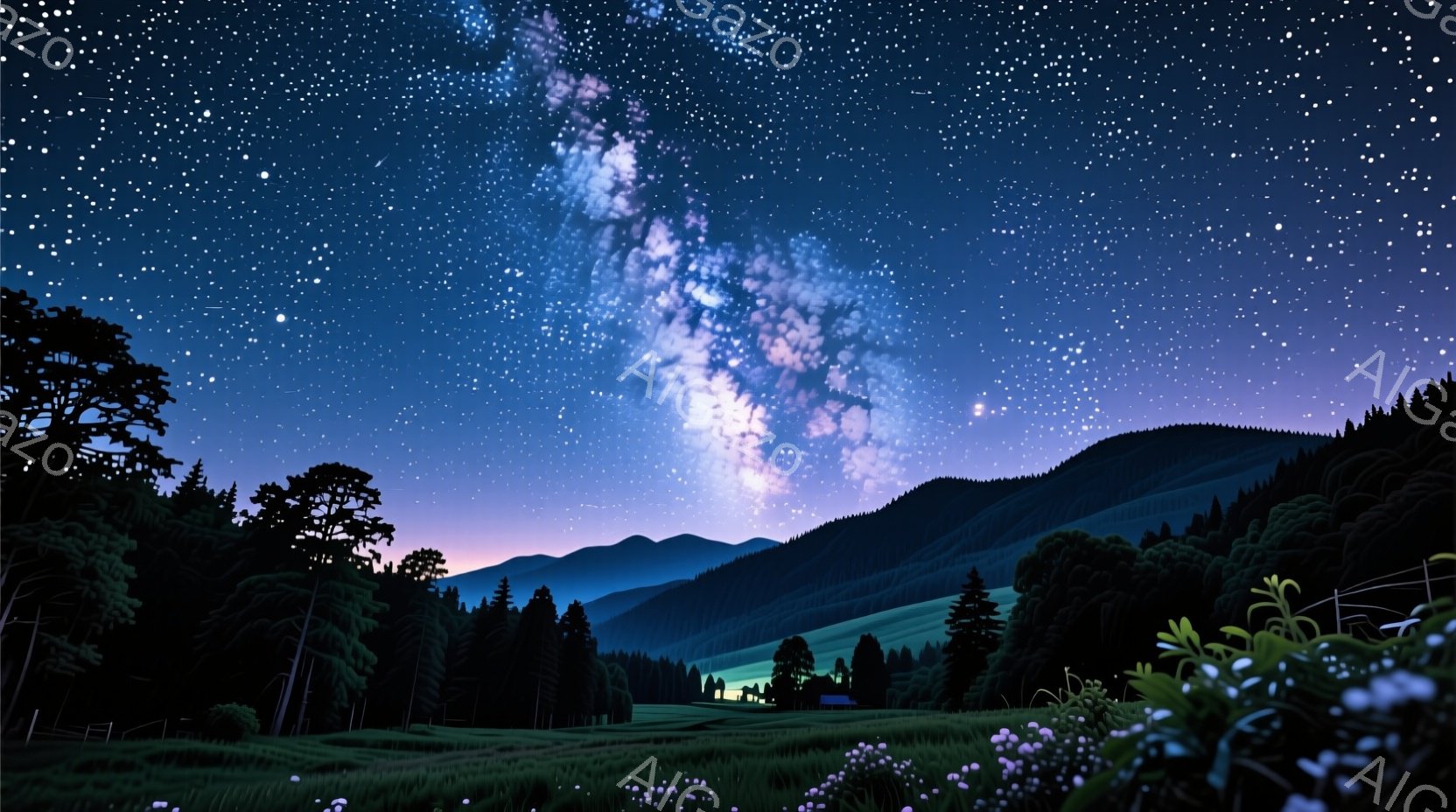 夜空には天の川が壮大に広がり、緑豊かな山々がシルエットとなって連なっている。地面には草木が生い茂り、その先に小さな建物が見える。全体的に静かで神秘的な雰囲気が漂い、自然の美しさと宇宙の広大さを感じさせ - AI生成フリー素材