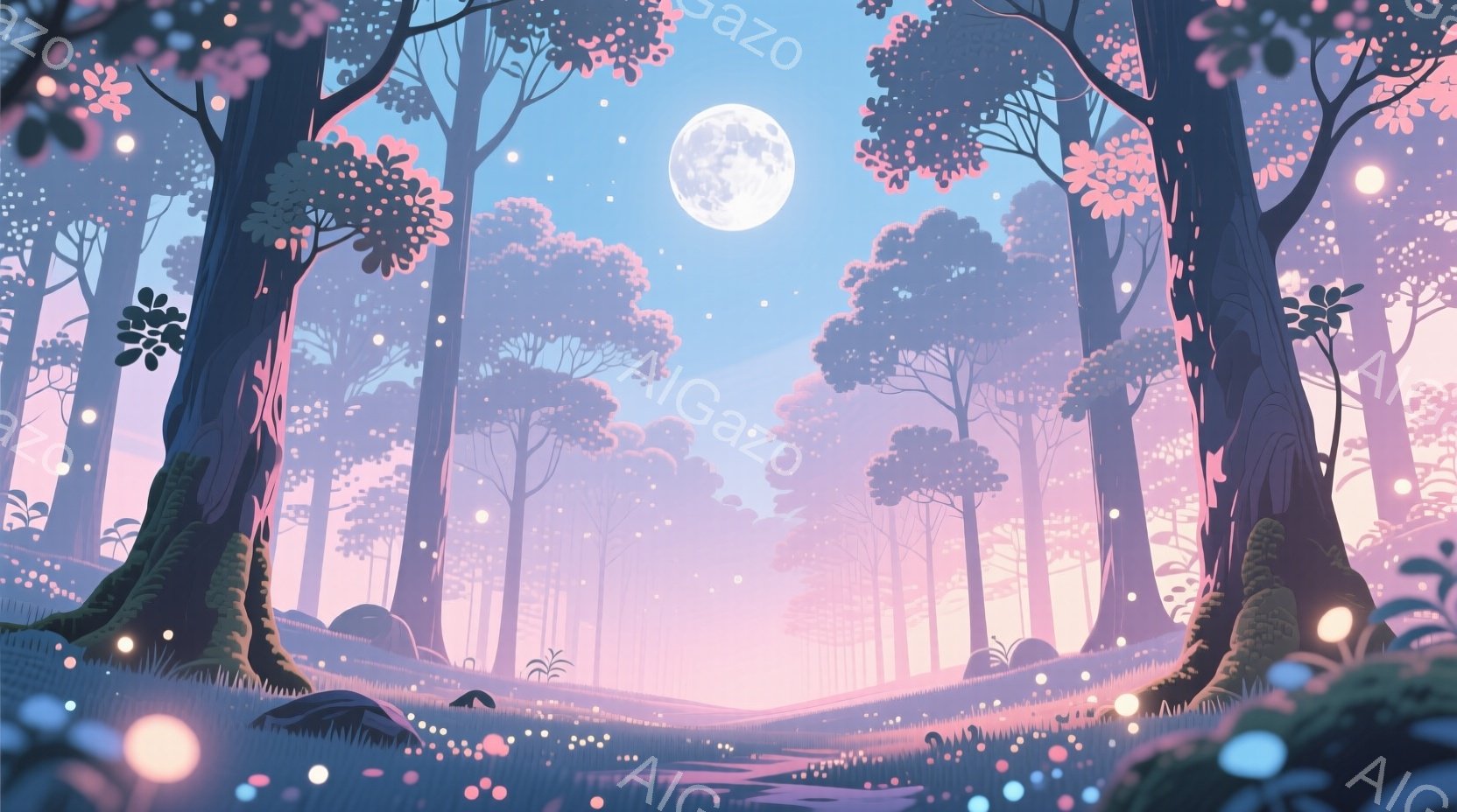 静かな森の風景が広がっており、高い木々が月明かりに照らされている。地面には草が生い茂り、小さな光の粒子が舞い、幻想的な雰囲気を醸し出している。背景は柔らかいピンクと紫のグラデーションで、穏やかで神秘的 - AI生成フリー素材